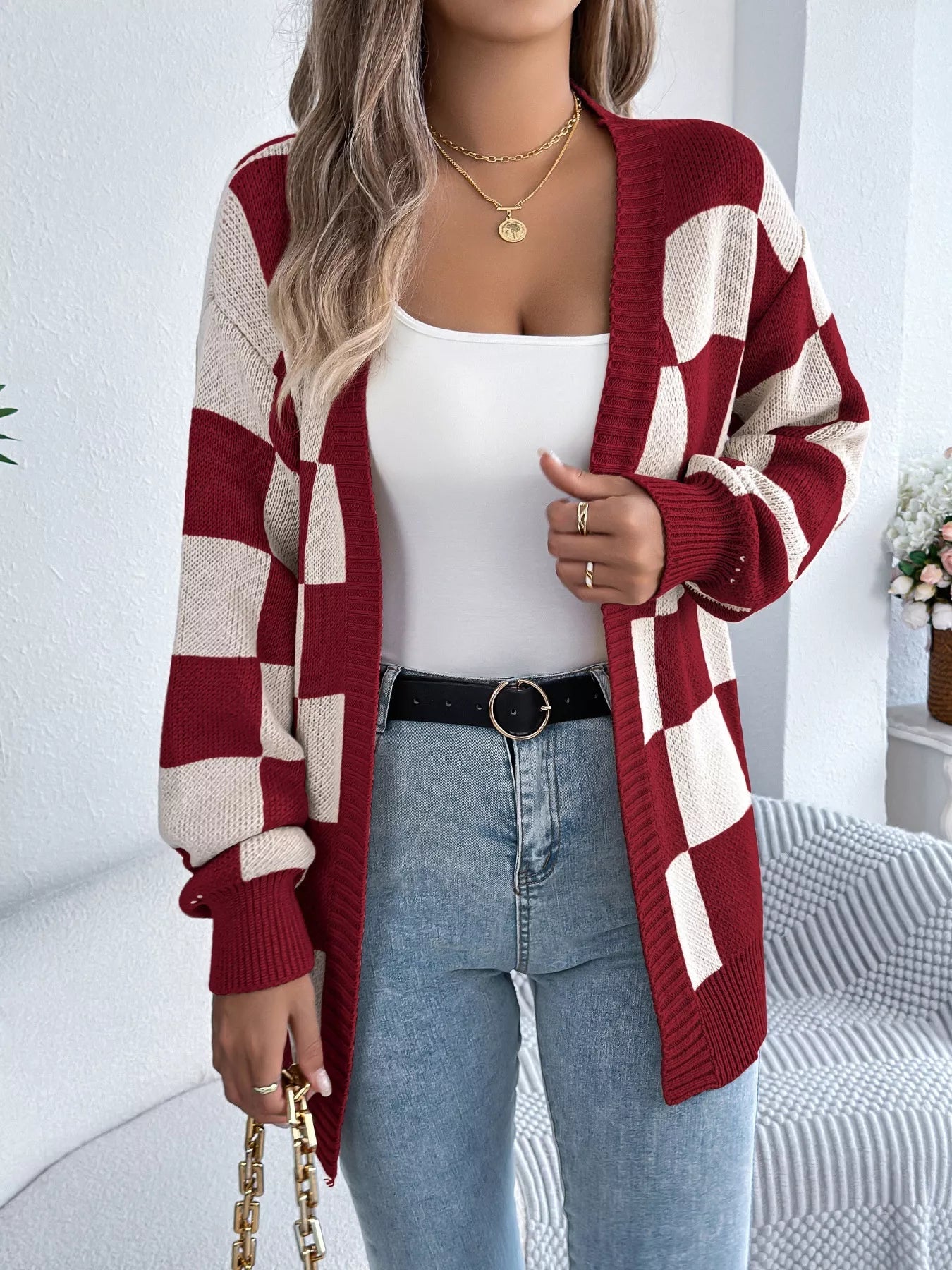 Checkered Pattern Open Front Cardigan - Flip Flop Dynasty