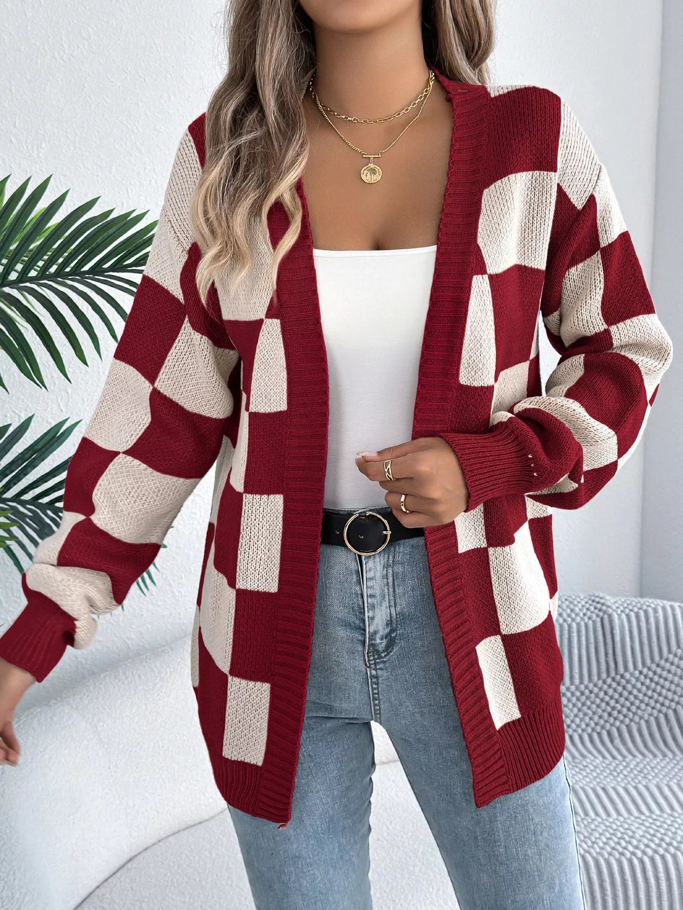 Checkered Pattern Open Front Cardigan - Flip Flop Dynasty