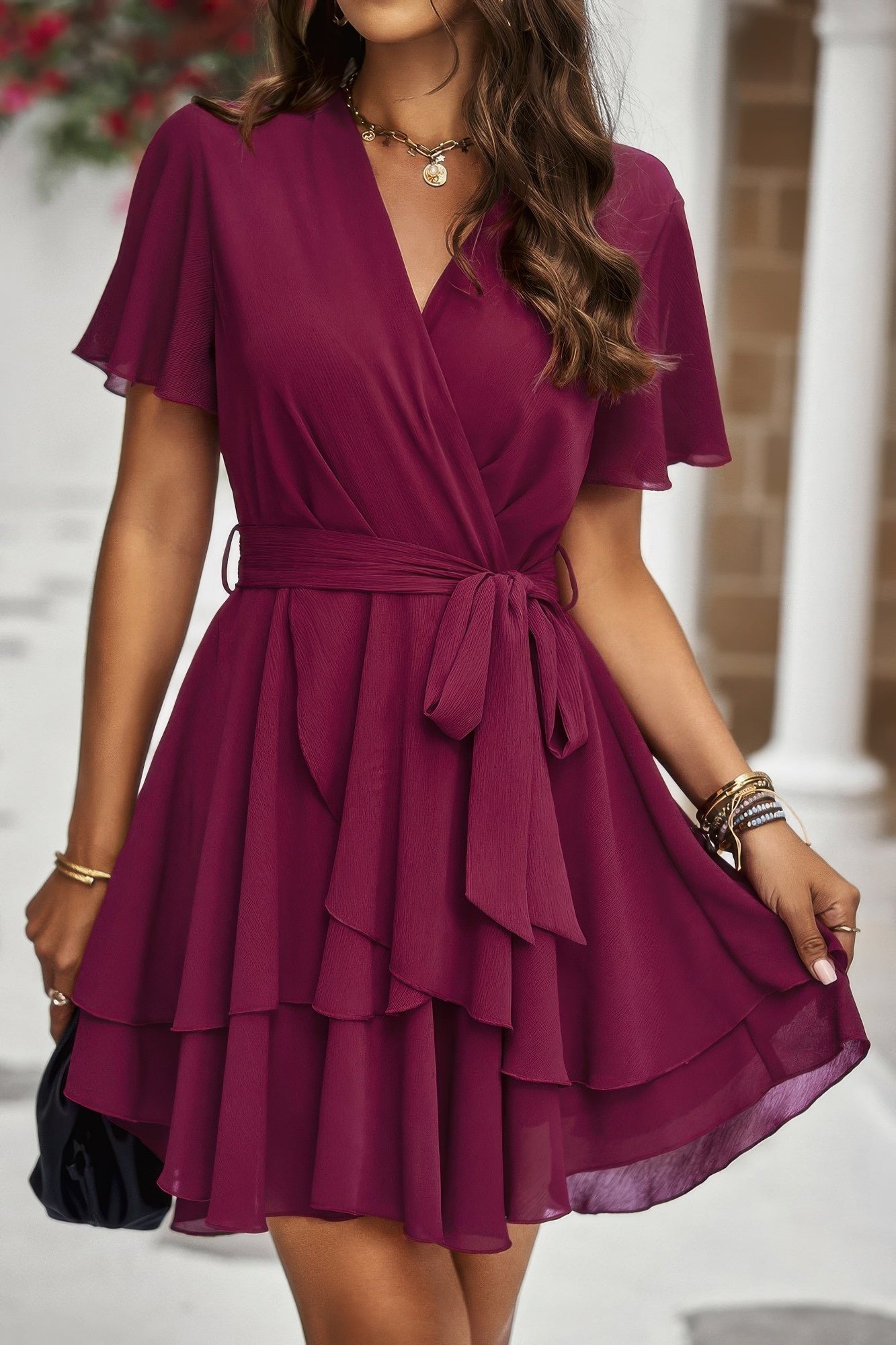 Chiffon Layer Hem Waist Tie Layer Hem Ruffle Dress - Flip Flop Dynasty
