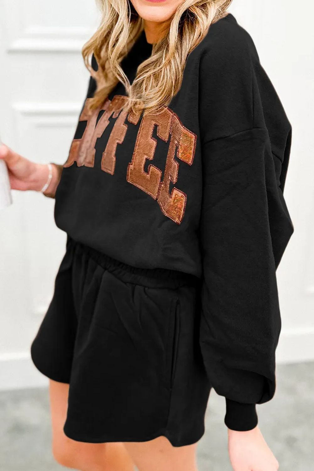 COFFEE Sequin Round Neck Long Sleeve Top and Shorts Set - Flip Flop Dynasty