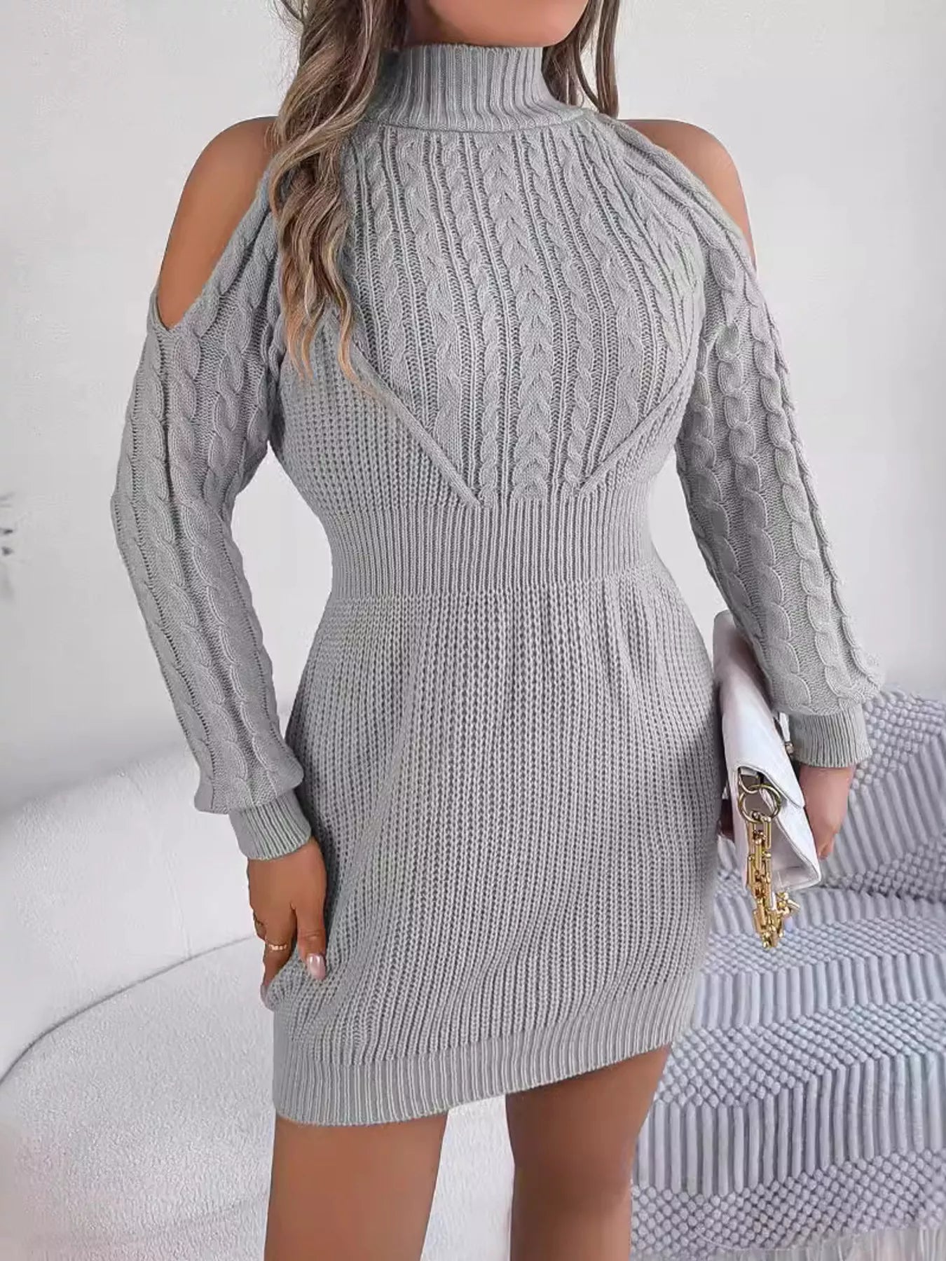 Cold Shoulder Cable Knit Turtleneck Sweater Dress - Flip Flop Dynasty