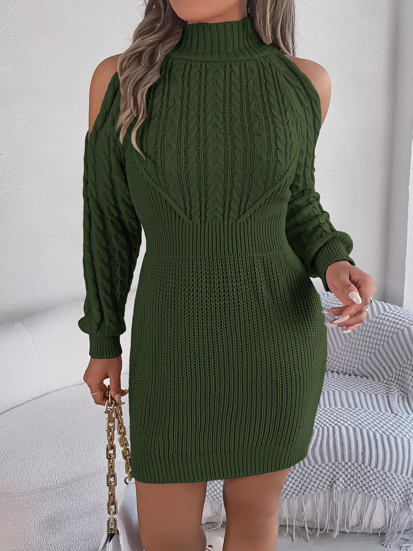 Cold Shoulder Cable Knit Turtleneck Sweater Dress - Flip Flop Dynasty
