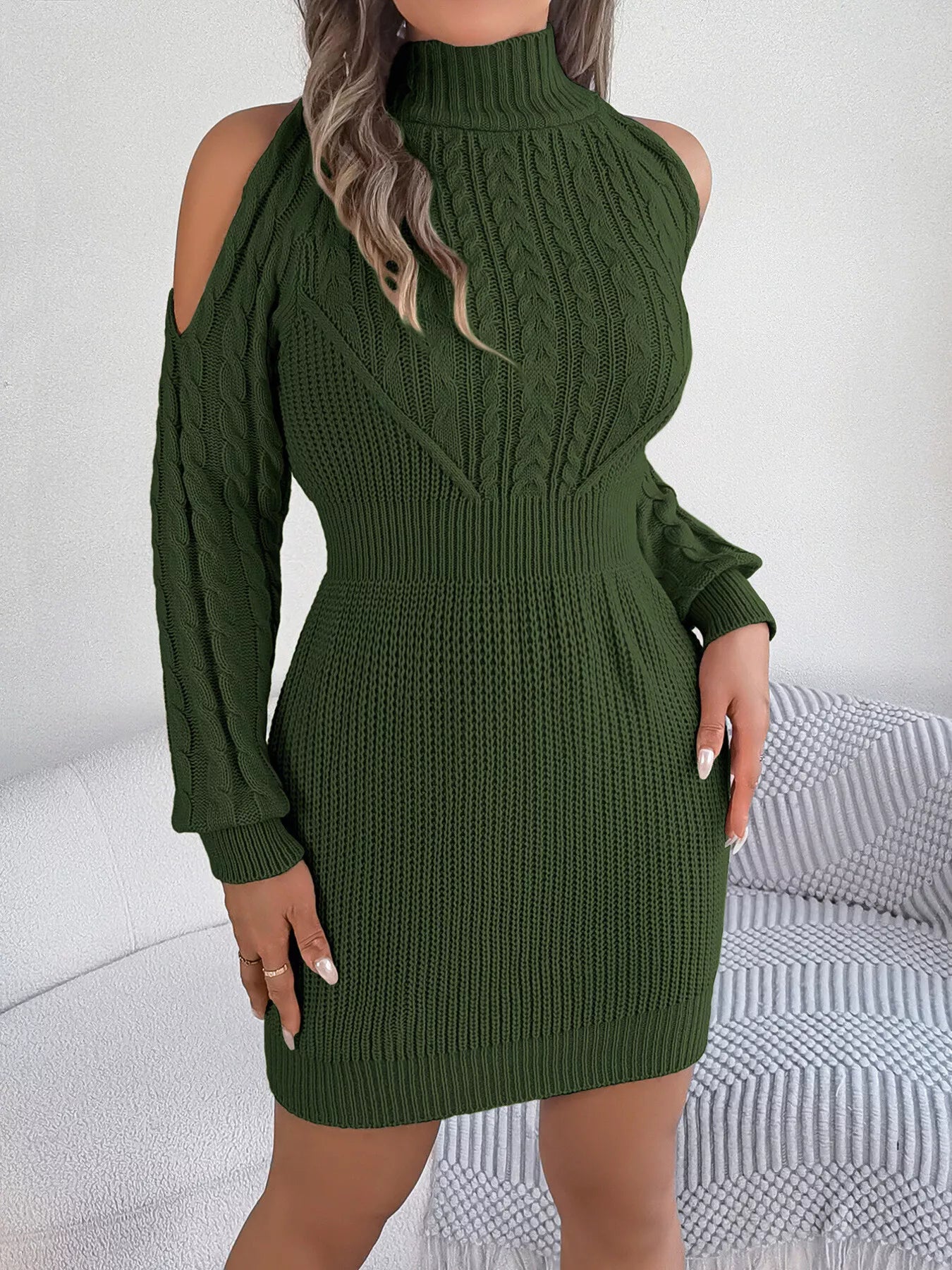 Cold Shoulder Cable Knit Turtleneck Sweater Dress - Flip Flop Dynasty