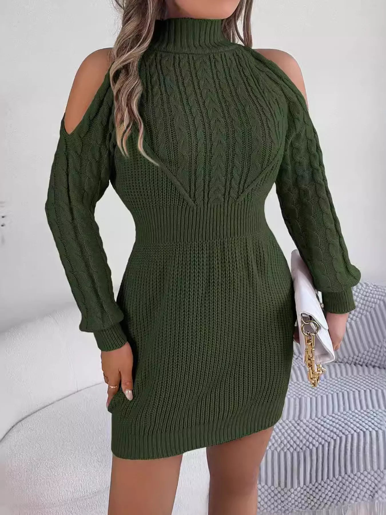 Cold Shoulder Cable Knit Turtleneck Sweater Dress - Flip Flop Dynasty