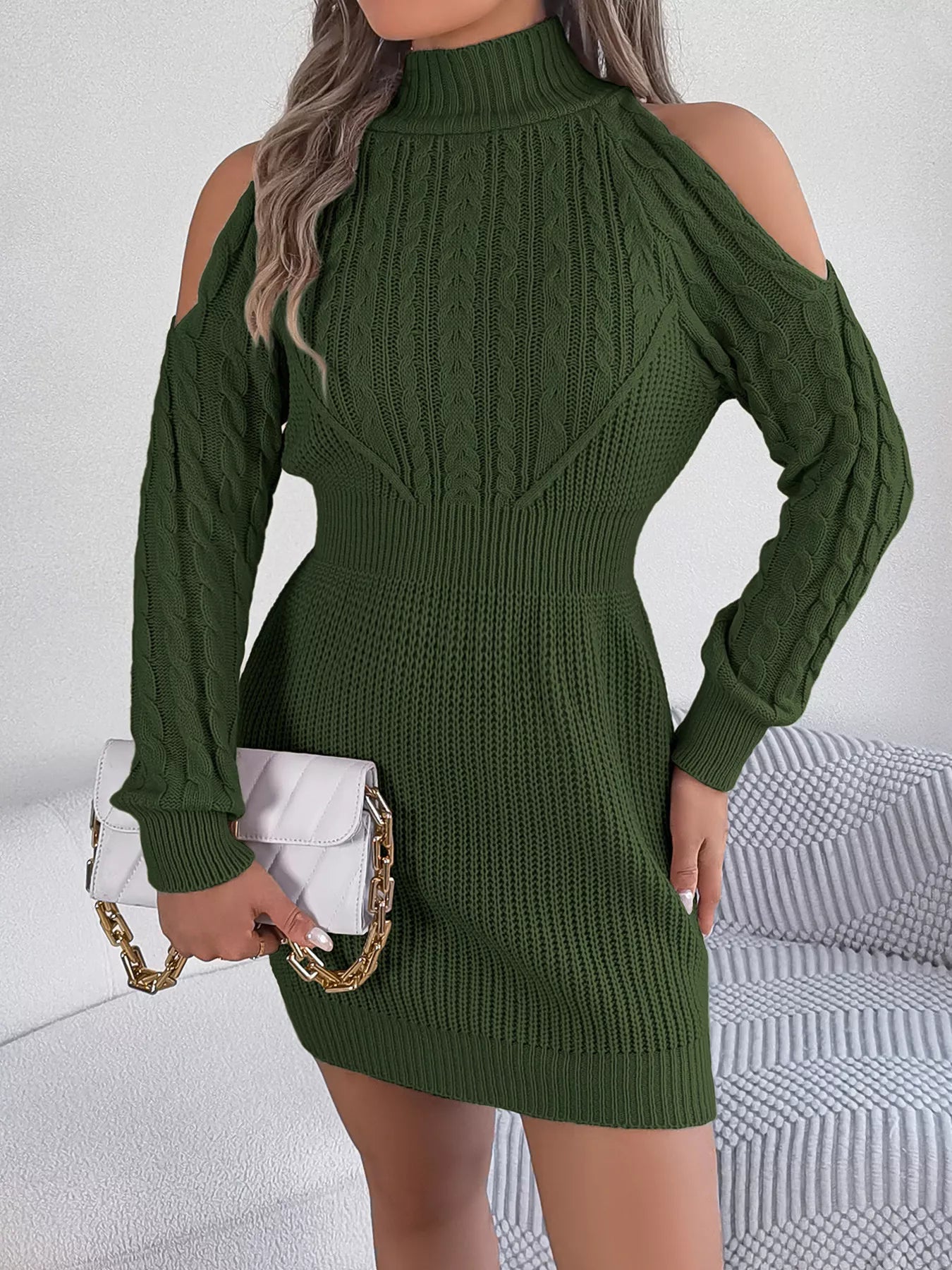 Cold Shoulder Cable Knit Turtleneck Sweater Dress - Flip Flop Dynasty
