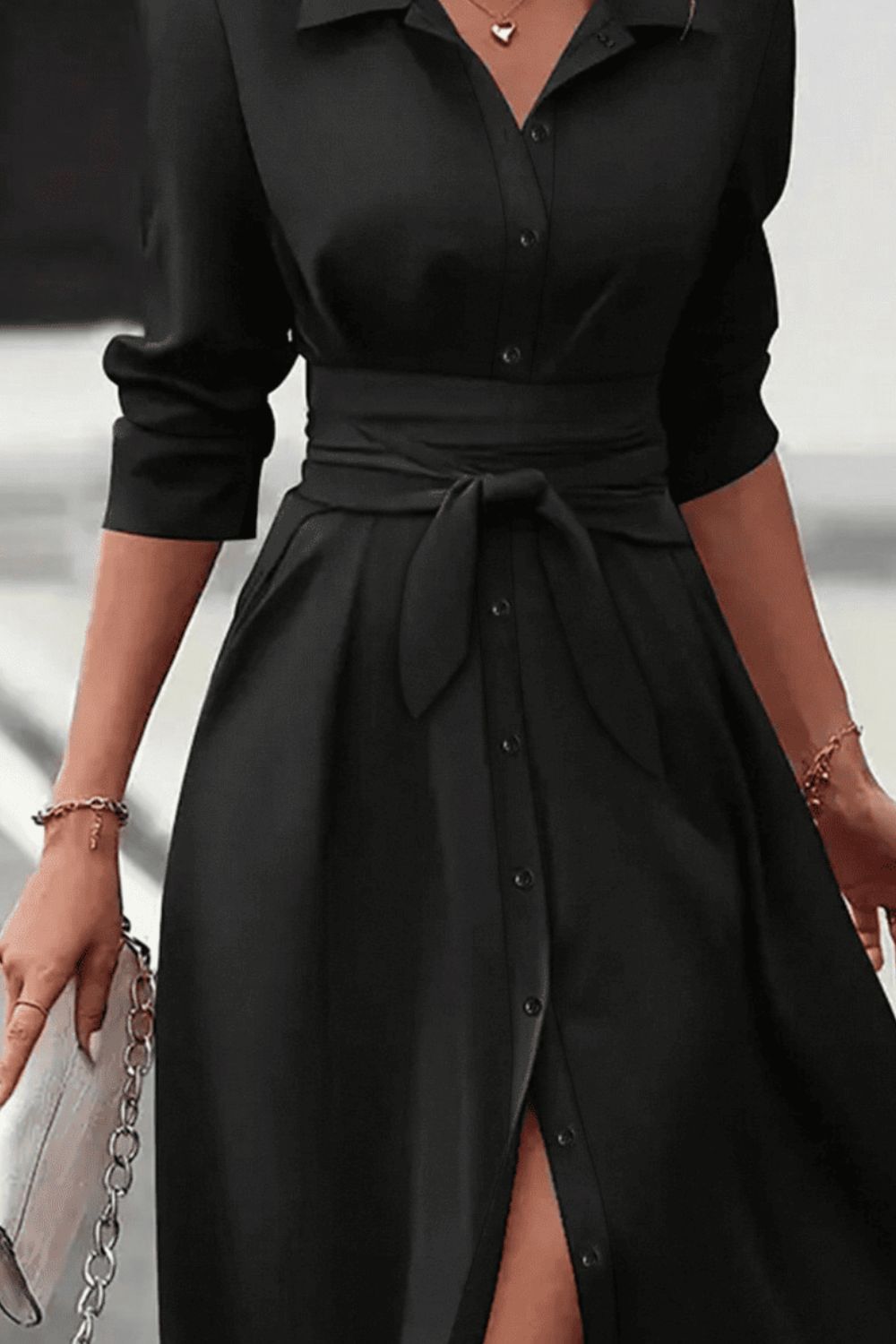 Collared Neck Long Sleeve Midi Shirt Dress - Flip Flop Dynasty