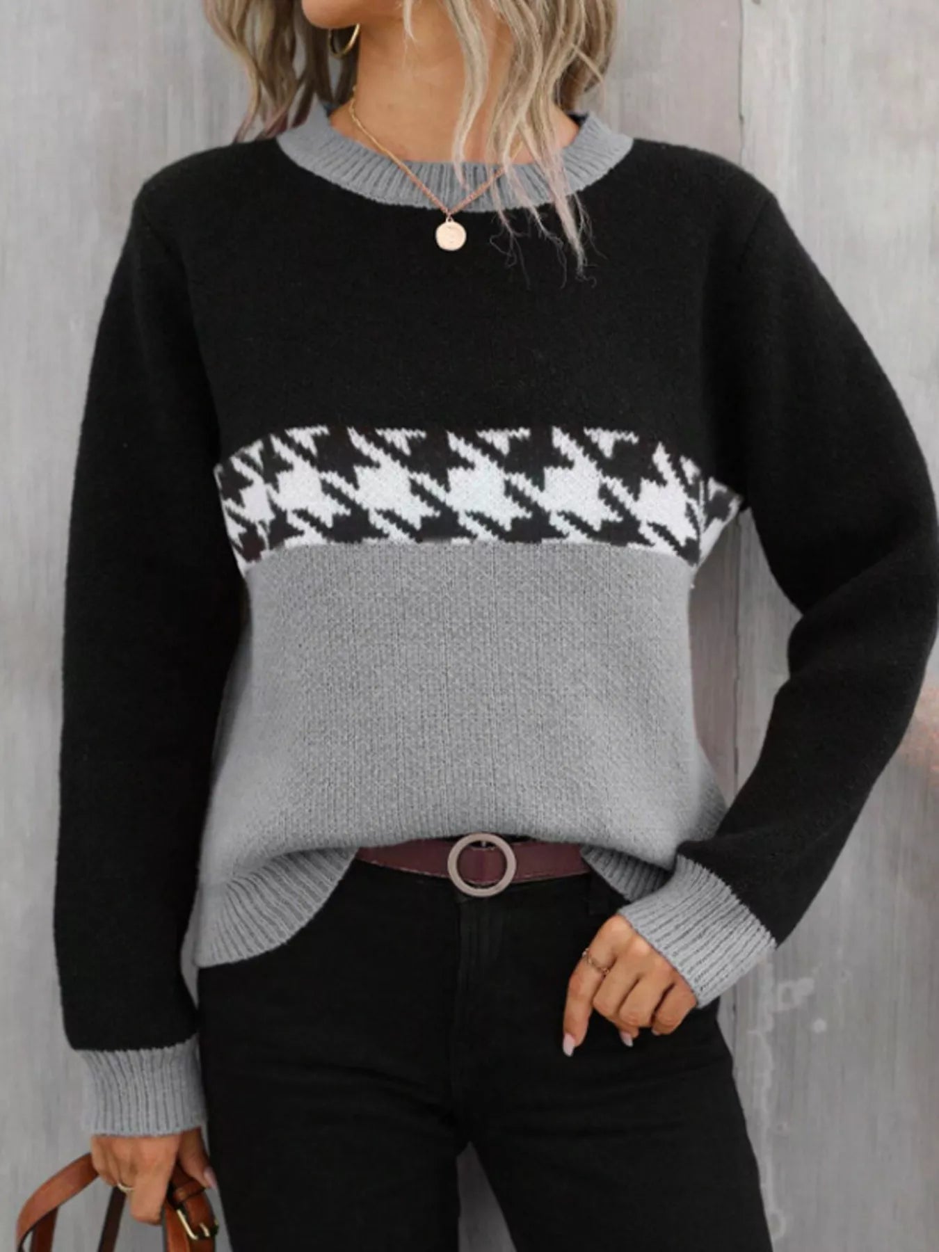 Color Block Houndstooth Knit Sweater - Flip Flop Dynasty