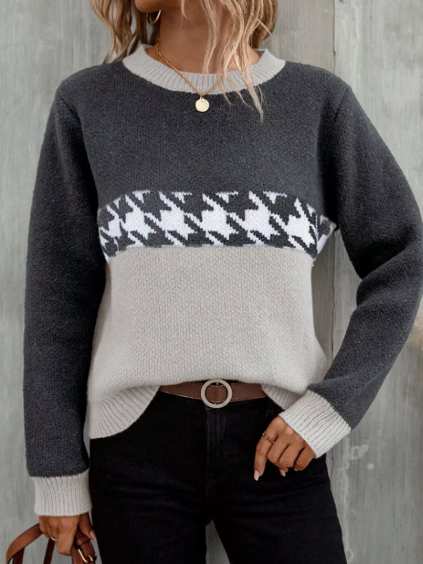 Color Block Houndstooth Knit Sweater - Flip Flop Dynasty