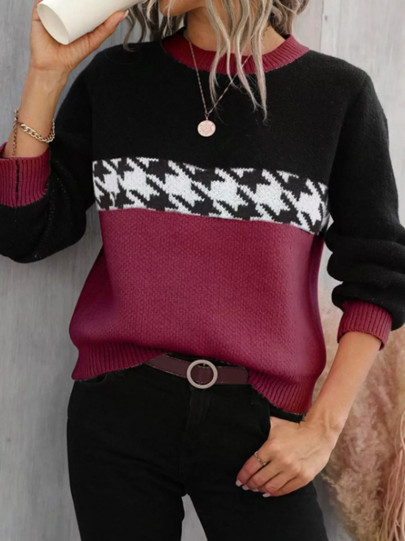 Color Block Houndstooth Knit Sweater - Flip Flop Dynasty