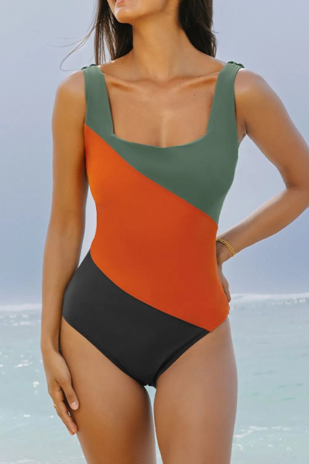 Color Block Padded Square Neck One Piece Swimsuit - Flip Flop Dynasty