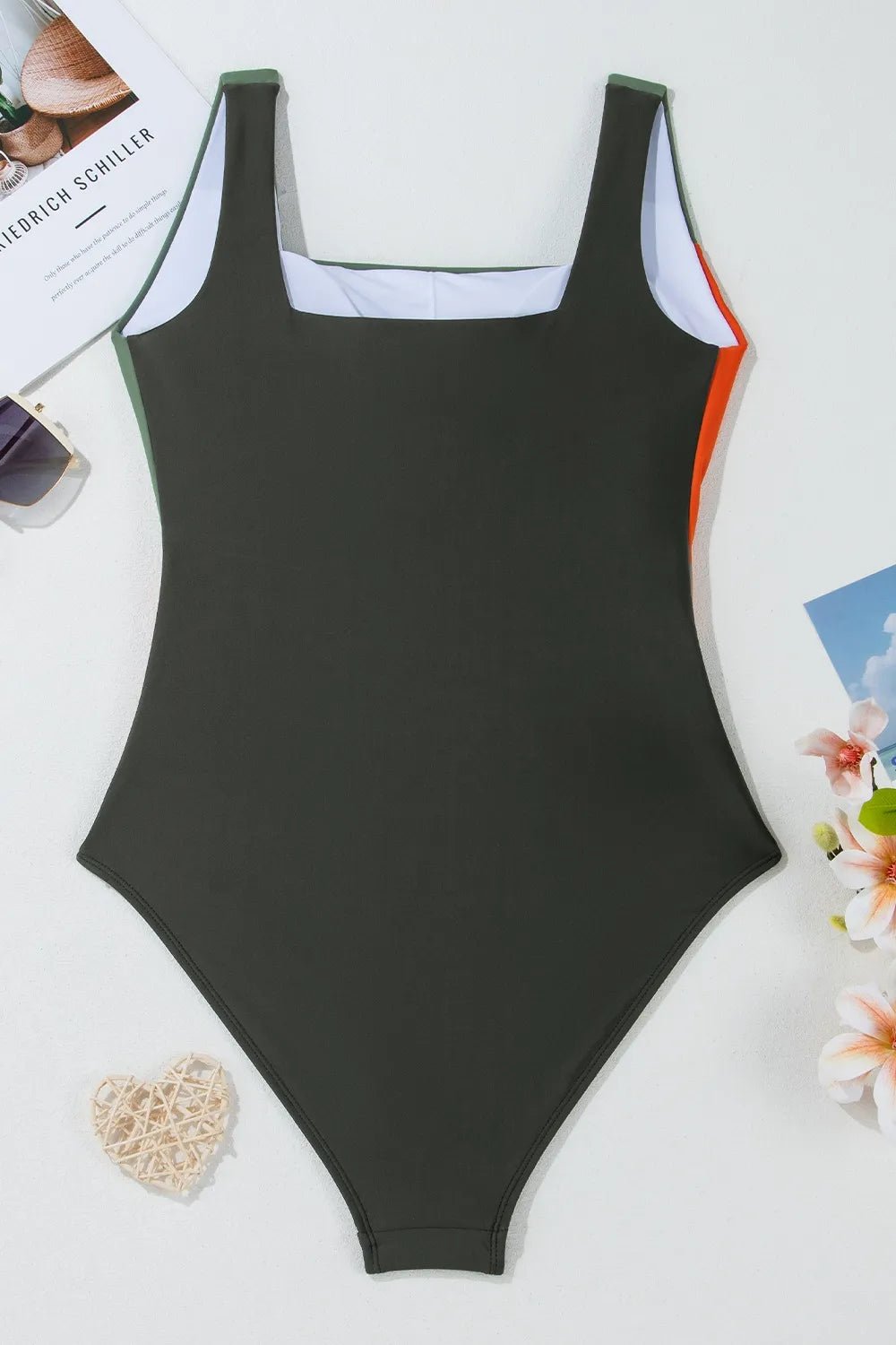 Color Block Padded Square Neck One Piece Swimsuit - Flip Flop Dynasty