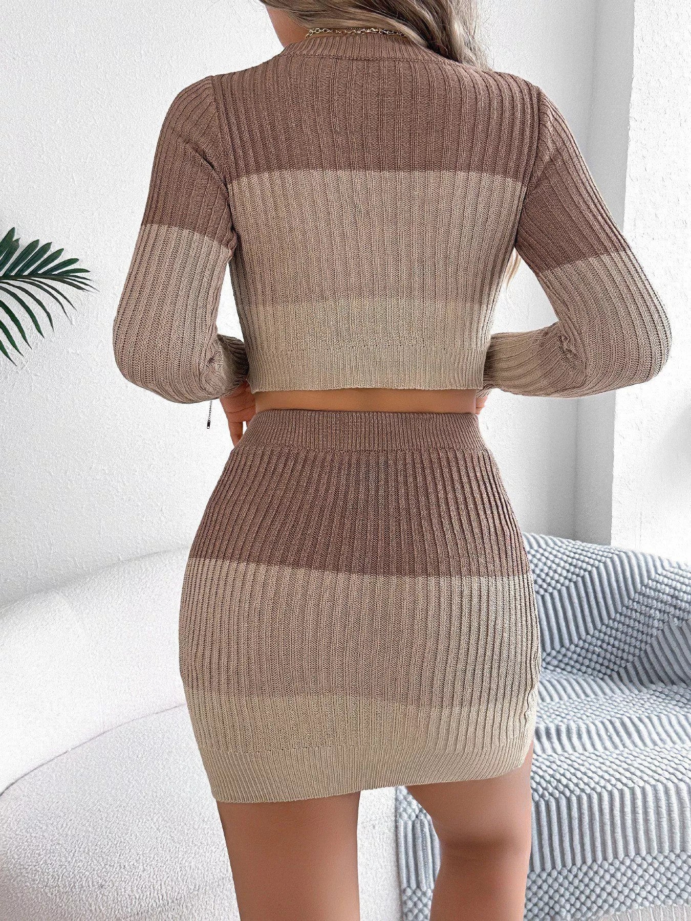 Color Block Ribbed Knit Top and Skirt Sweater Set - Flip Flop Dynasty