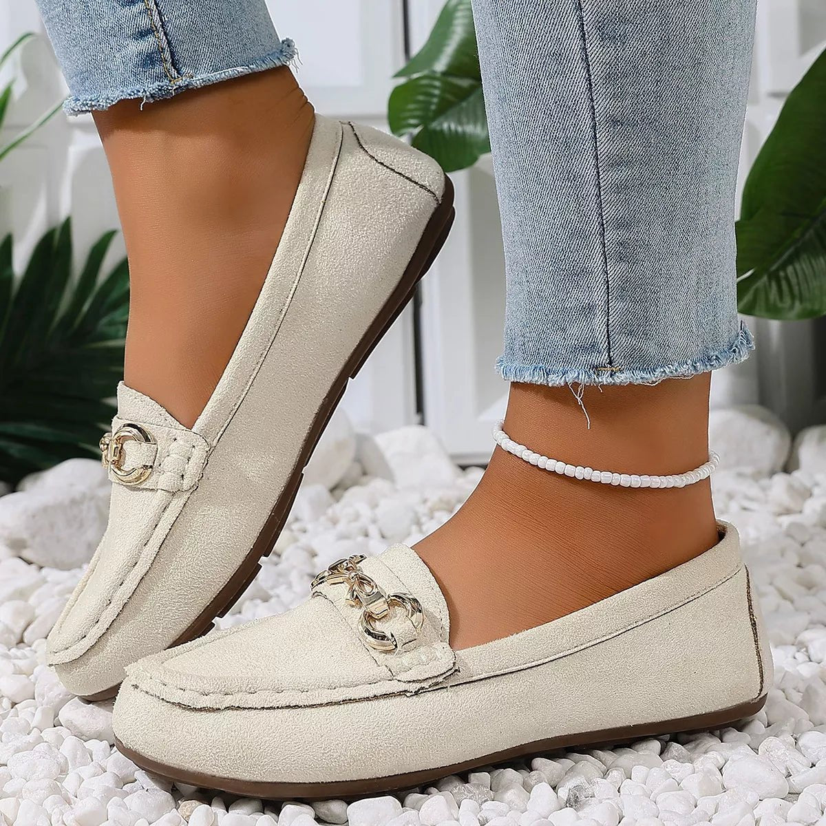 Comfortable Flat Loafers with Decorative Buckle - Flip Flop Dynasty