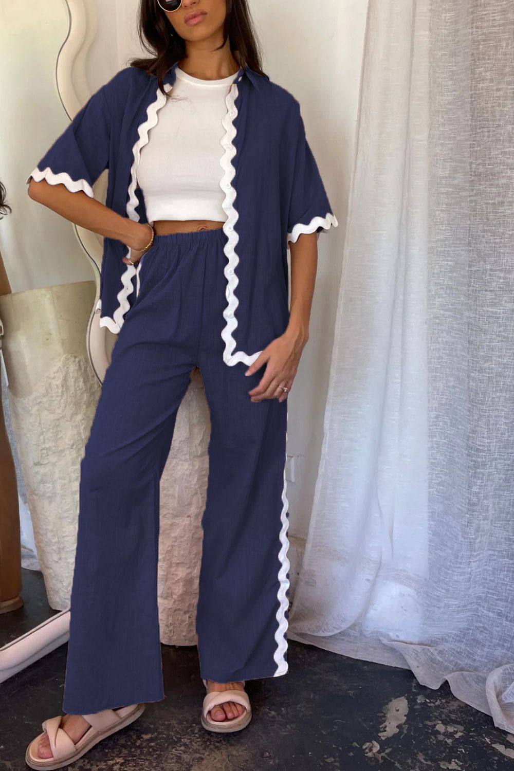 Contrast Trim Half Sleeve Top and Pants Set - Flip Flop Dynasty