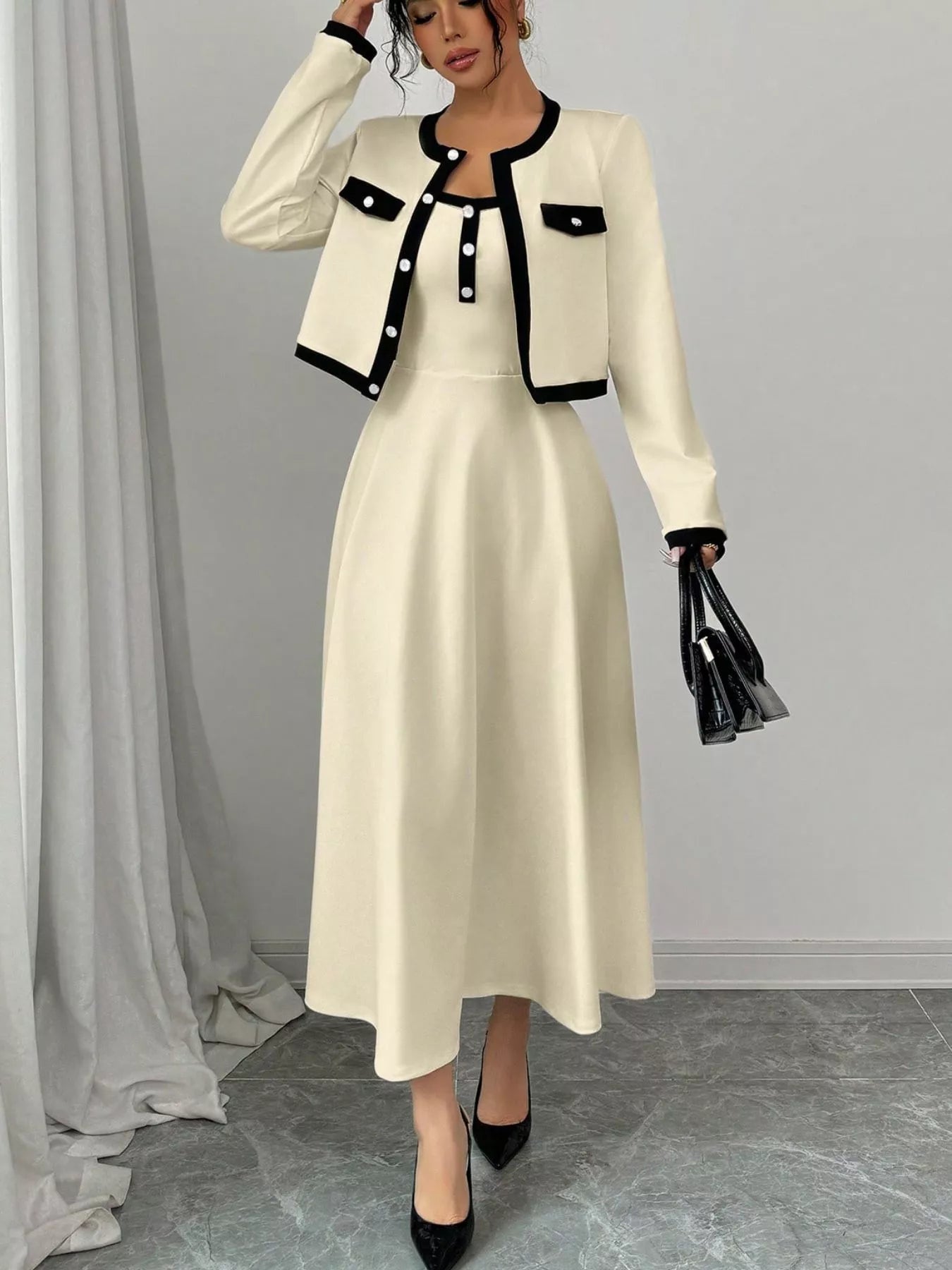 Contrast Trim Maxi Dress and Cropped Cardigan Set - Flip Flop Dynasty