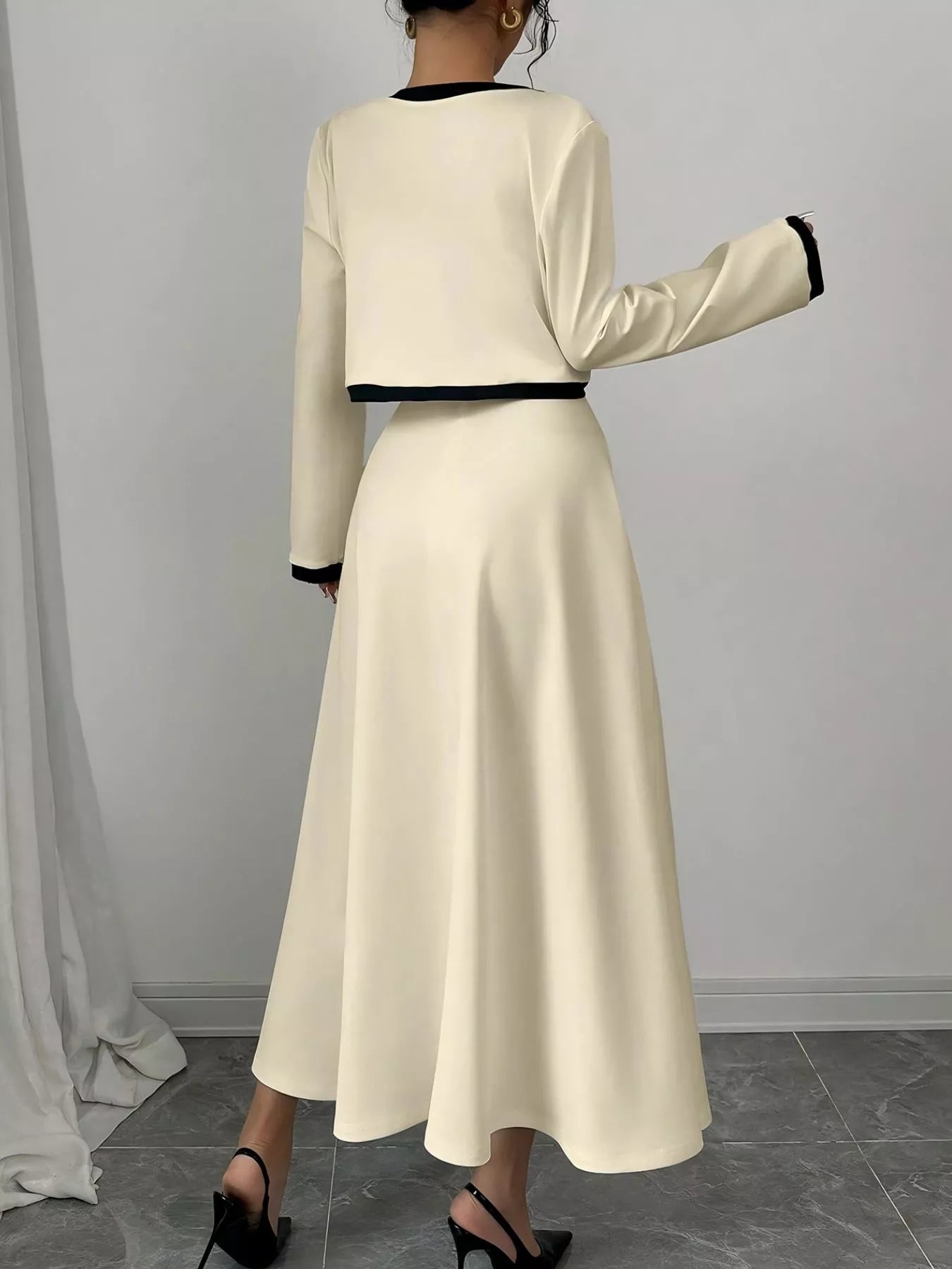 Contrast Trim Maxi Dress and Cropped Cardigan Set - Flip Flop Dynasty