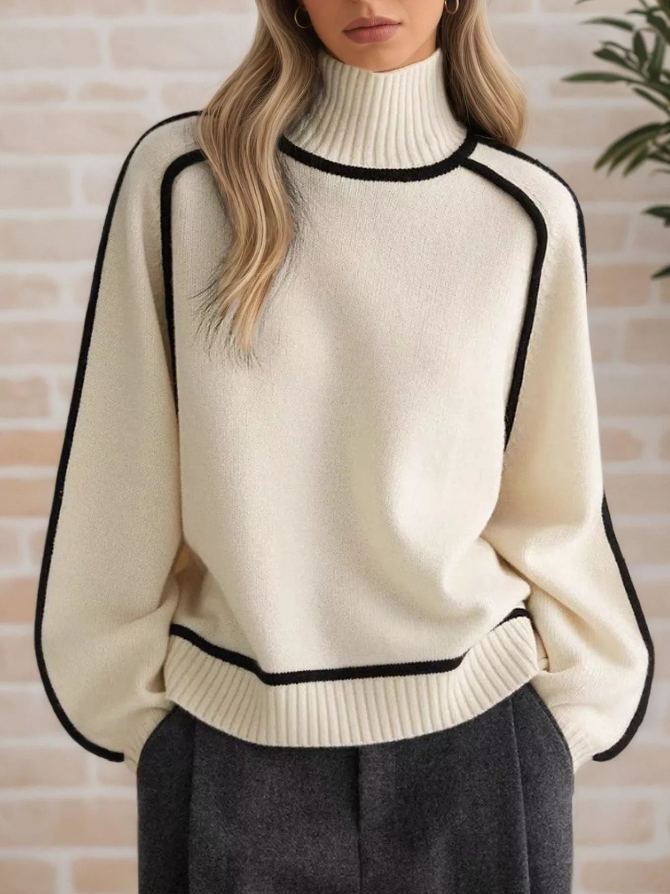 Contrast Trim Turtleneck Sweater - Flip Flop Dynasty