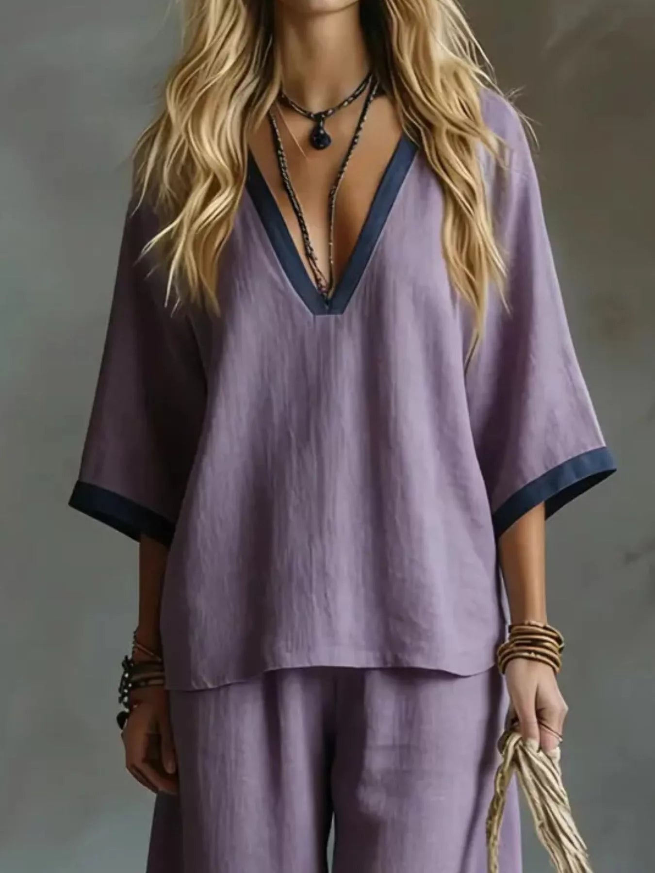 Contrast Trim V-Neck Top and Pants Set - Flip Flop Dynasty