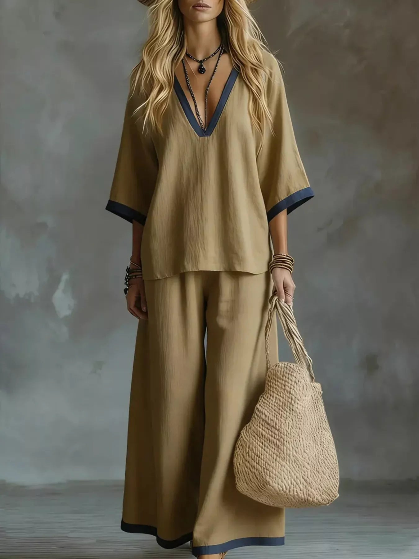 Contrast Trim V-Neck Top and Pants Set - Flip Flop Dynasty