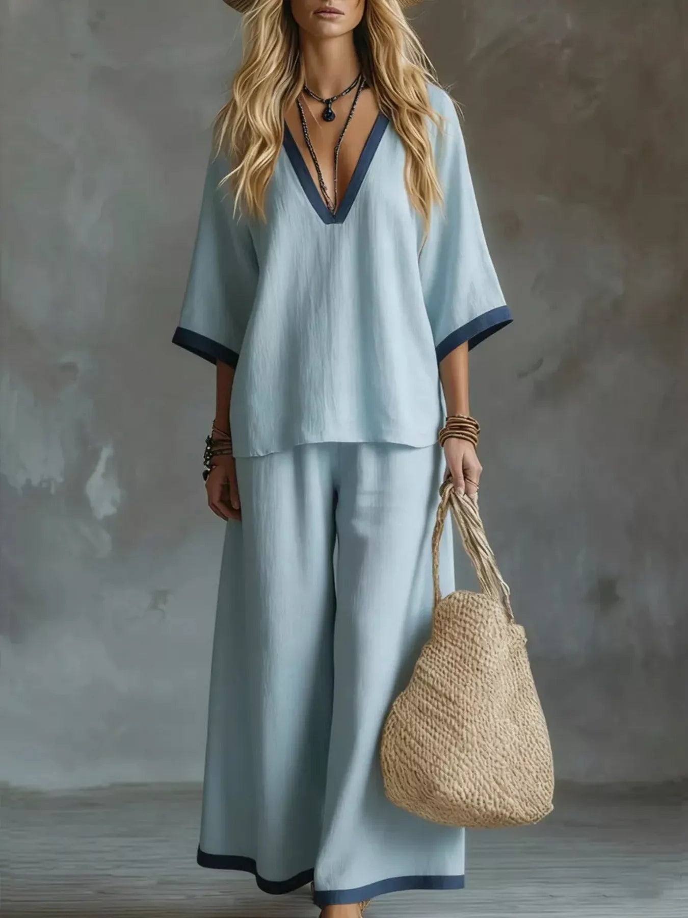 Contrast Trim V-Neck Top and Pants Set - Flip Flop Dynasty