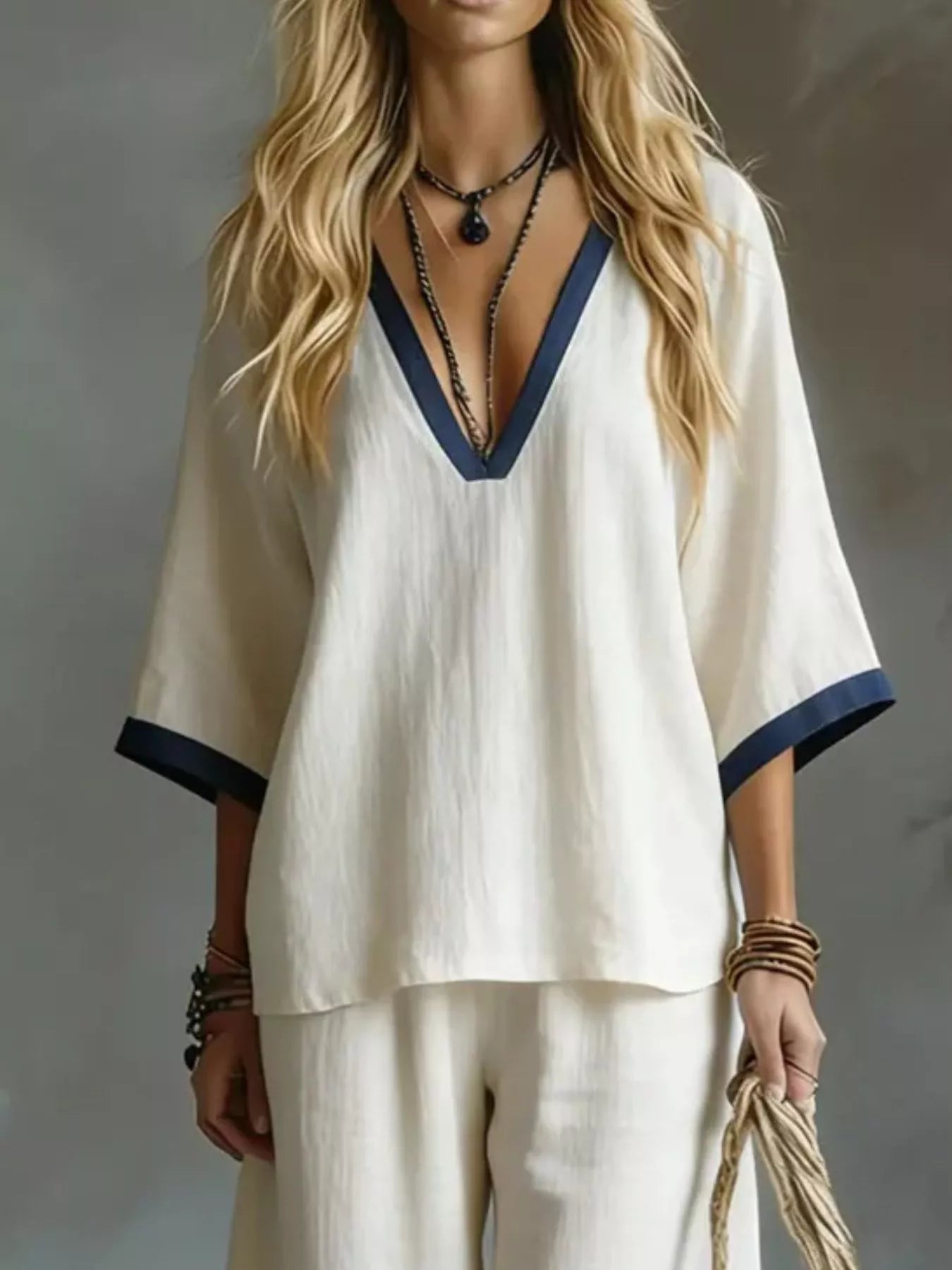 Contrast Trim V-Neck Top and Pants Set - Flip Flop Dynasty
