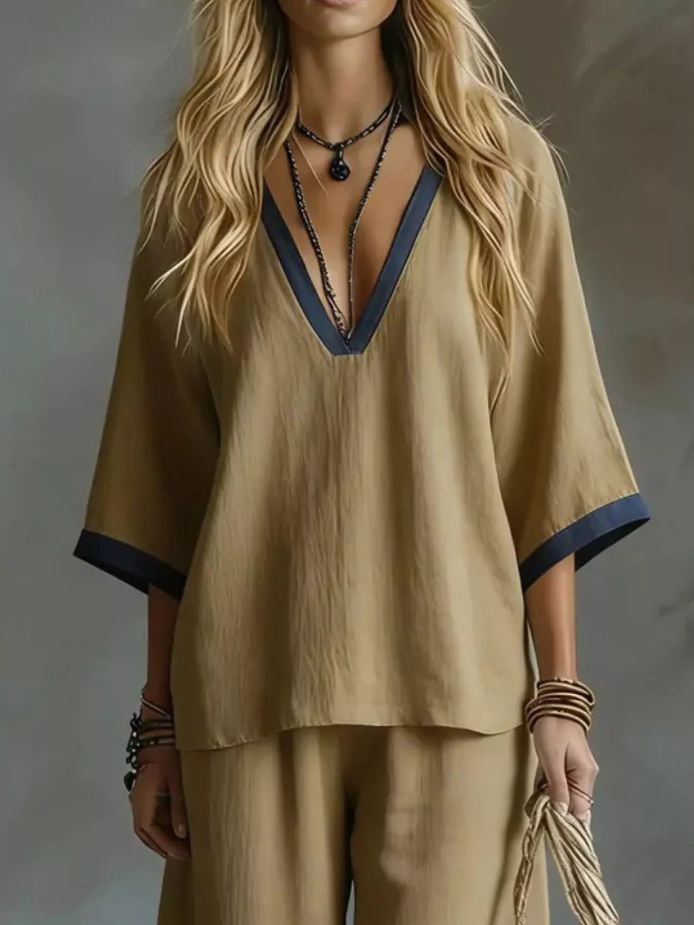 Contrast Trim V-Neck Top and Pants Set - Flip Flop Dynasty