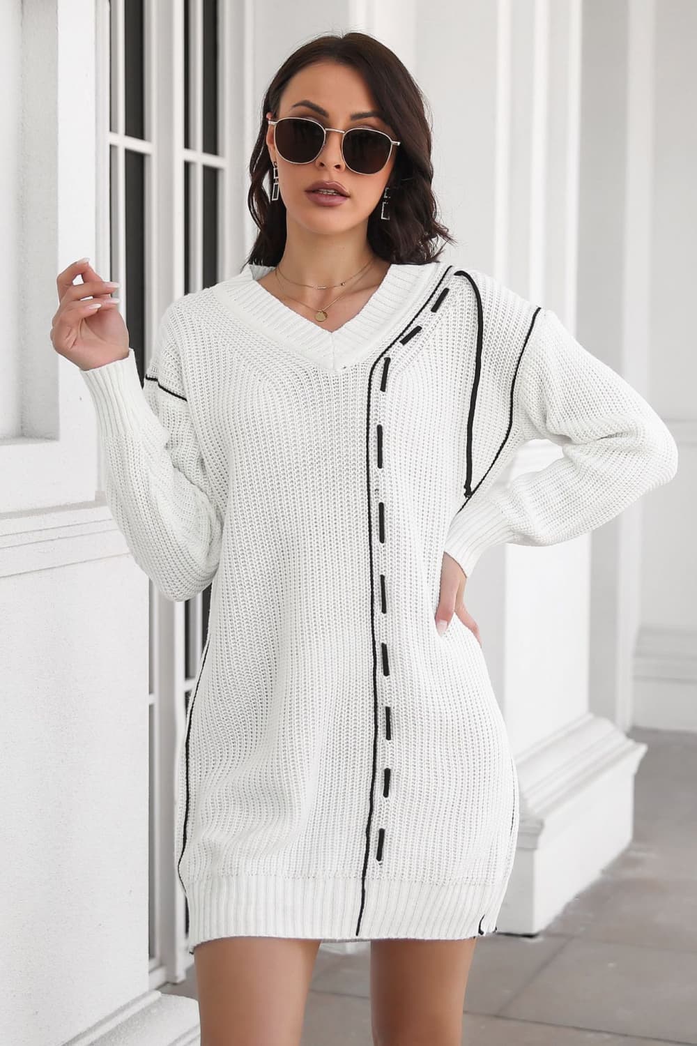 Contrast V - Neck Sweater Dress - Flip Flop Dynasty