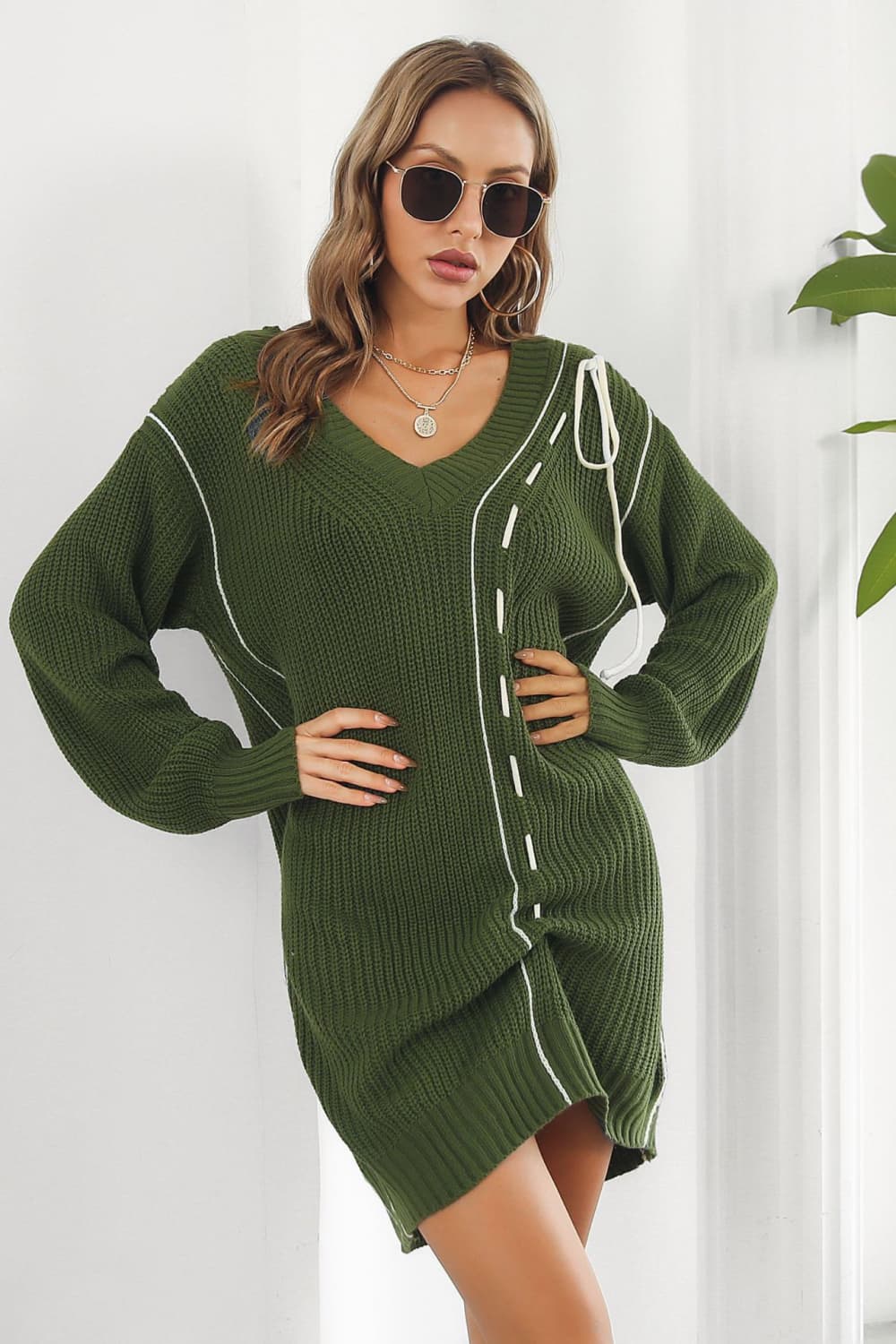 Contrast V - Neck Sweater Dress - Flip Flop Dynasty
