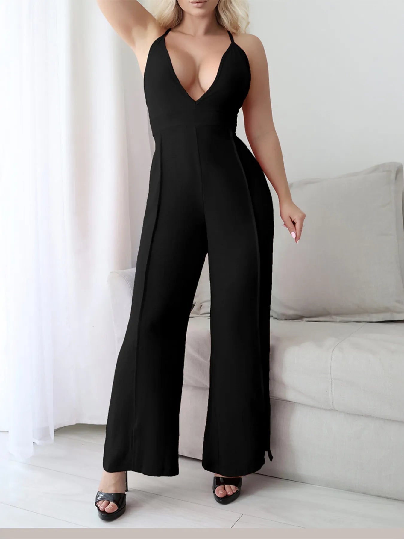 Crisscross Back V - Neck Wide Leg Jumpsuit - Flip Flop Dynasty