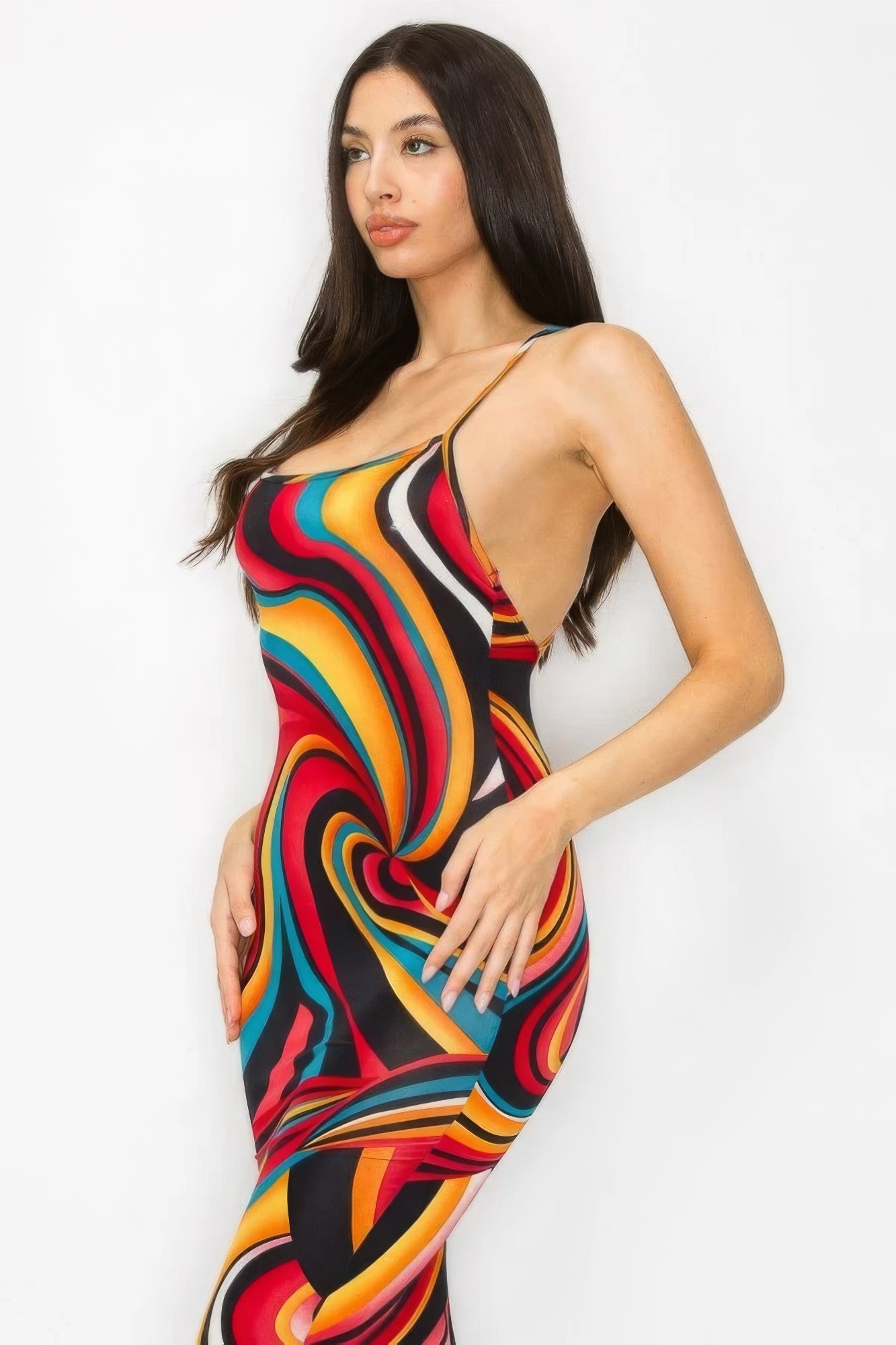 Crossed Back Marble Print Multicolor Midi Dress - Flip Flop Dynasty