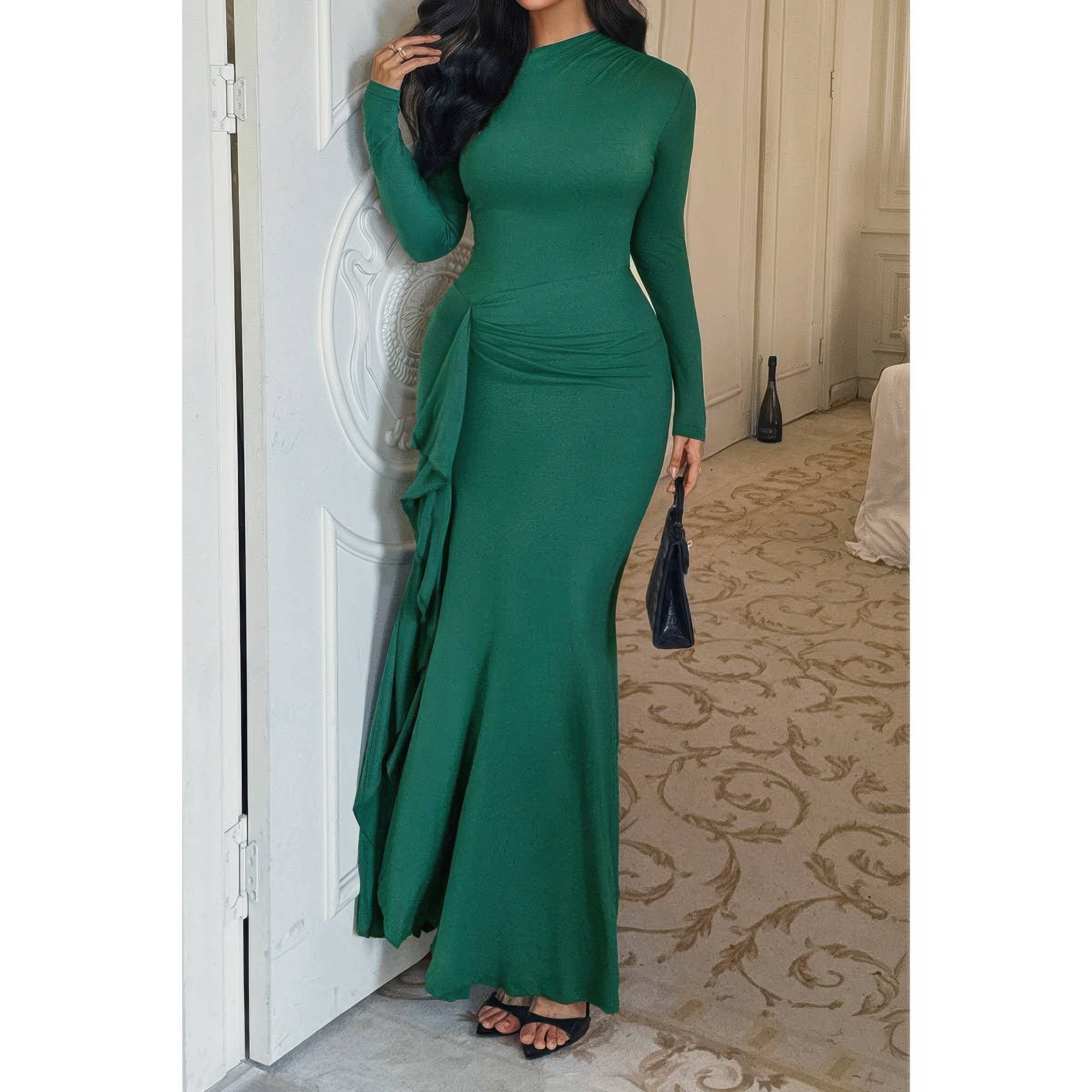 Curvy Slit Elegant Ruched Long Sleeve Dress - Flip Flop Dynasty