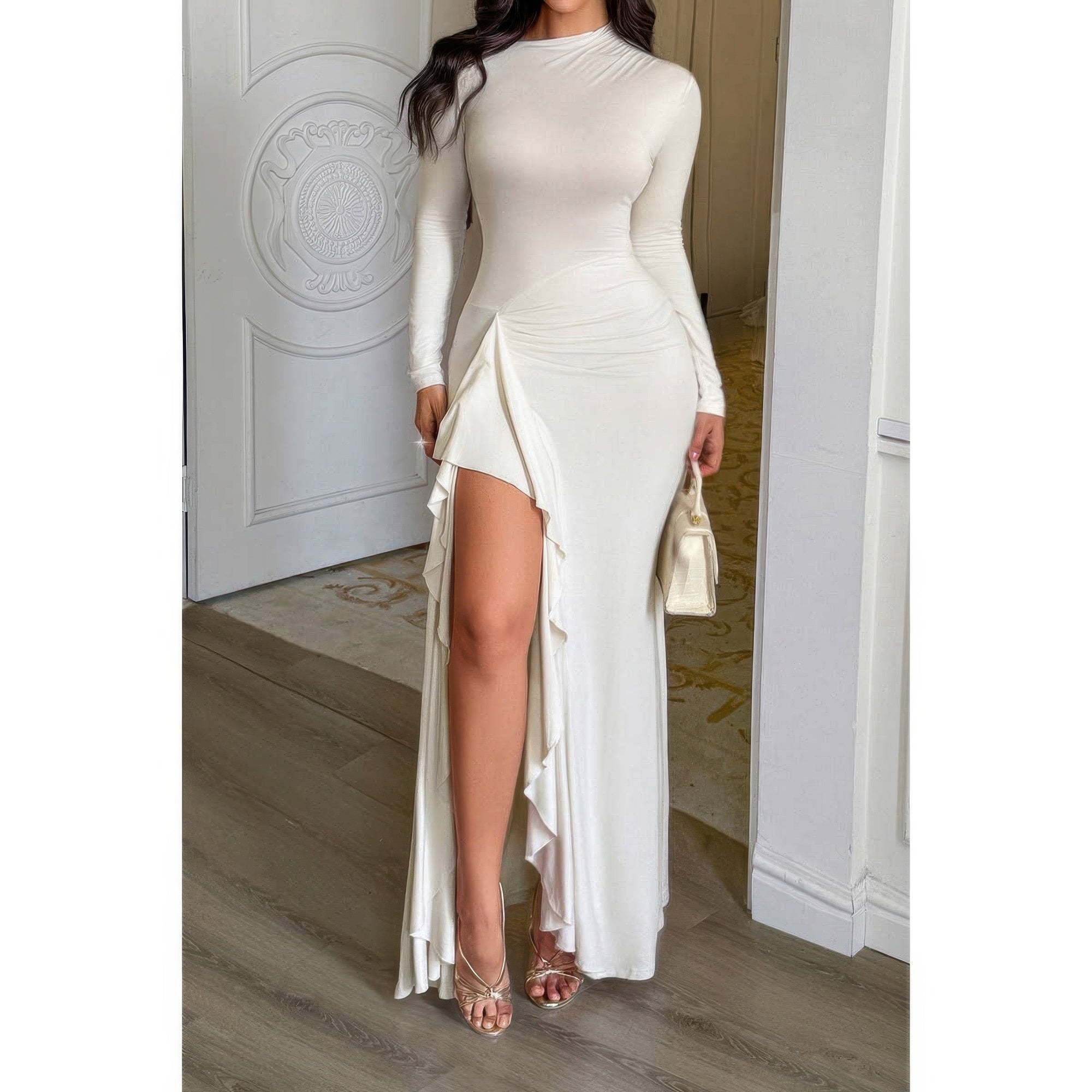 Curvy Slit Elegant Ruched Long Sleeve Dress - Flip Flop Dynasty