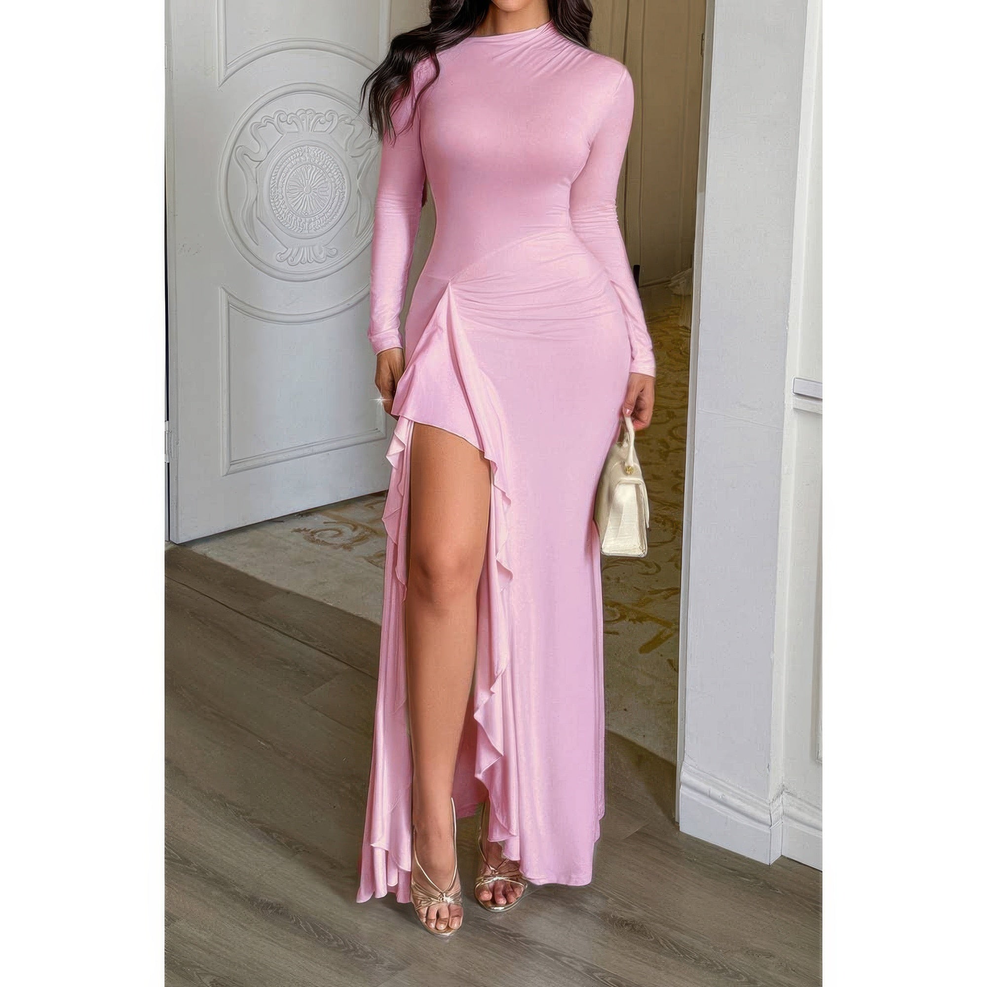 Curvy Slit Elegant Ruched Long Sleeve Dress - Flip Flop Dynasty