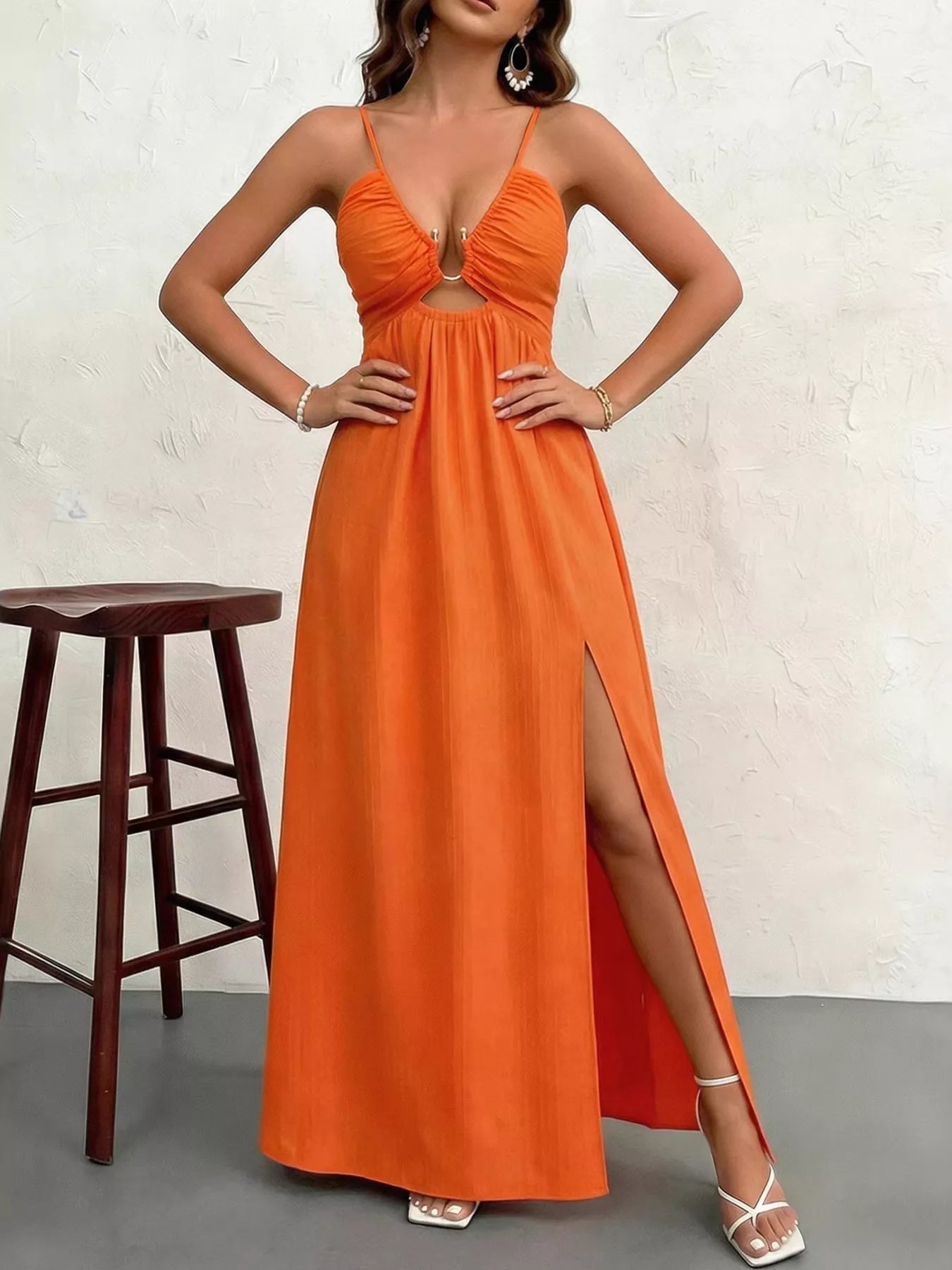 maxi dress with flip flops Cutout Front Slit KissProm Mermaid Deep V l-in-stock color:White base #5 / 52