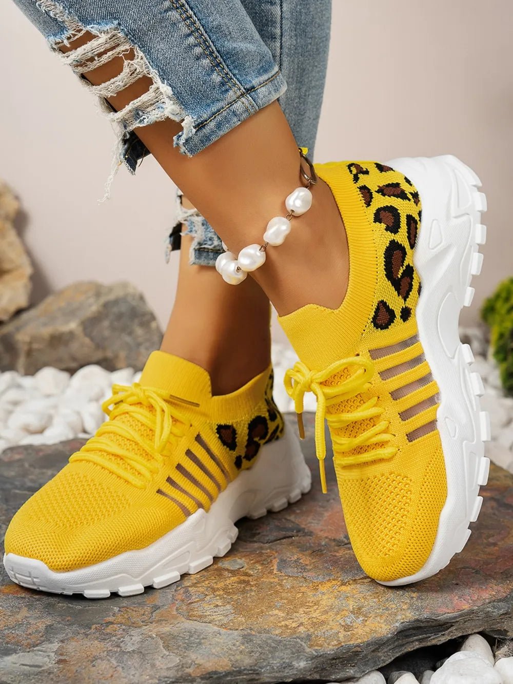Cutout Leopard Lace Up Mesh Athletic - Flip Flop Dynasty