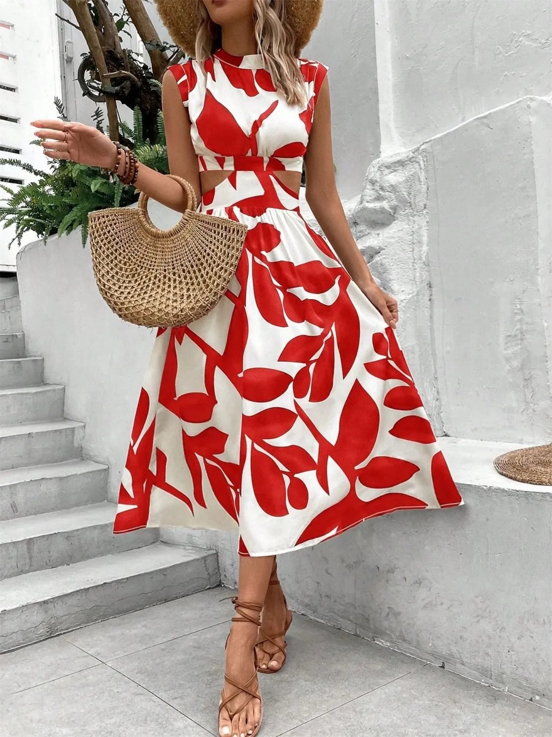 Cutout Printed Cap Sleeve Midi Dress - Flip Flop Dynasty