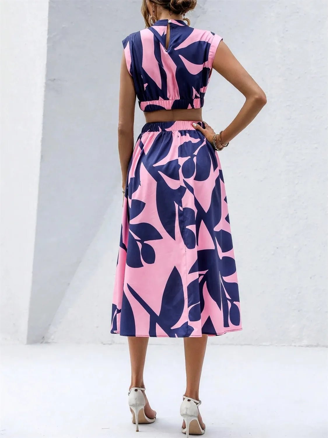 Cutout Printed Cap Sleeve Midi Dress - Flip Flop Dynasty