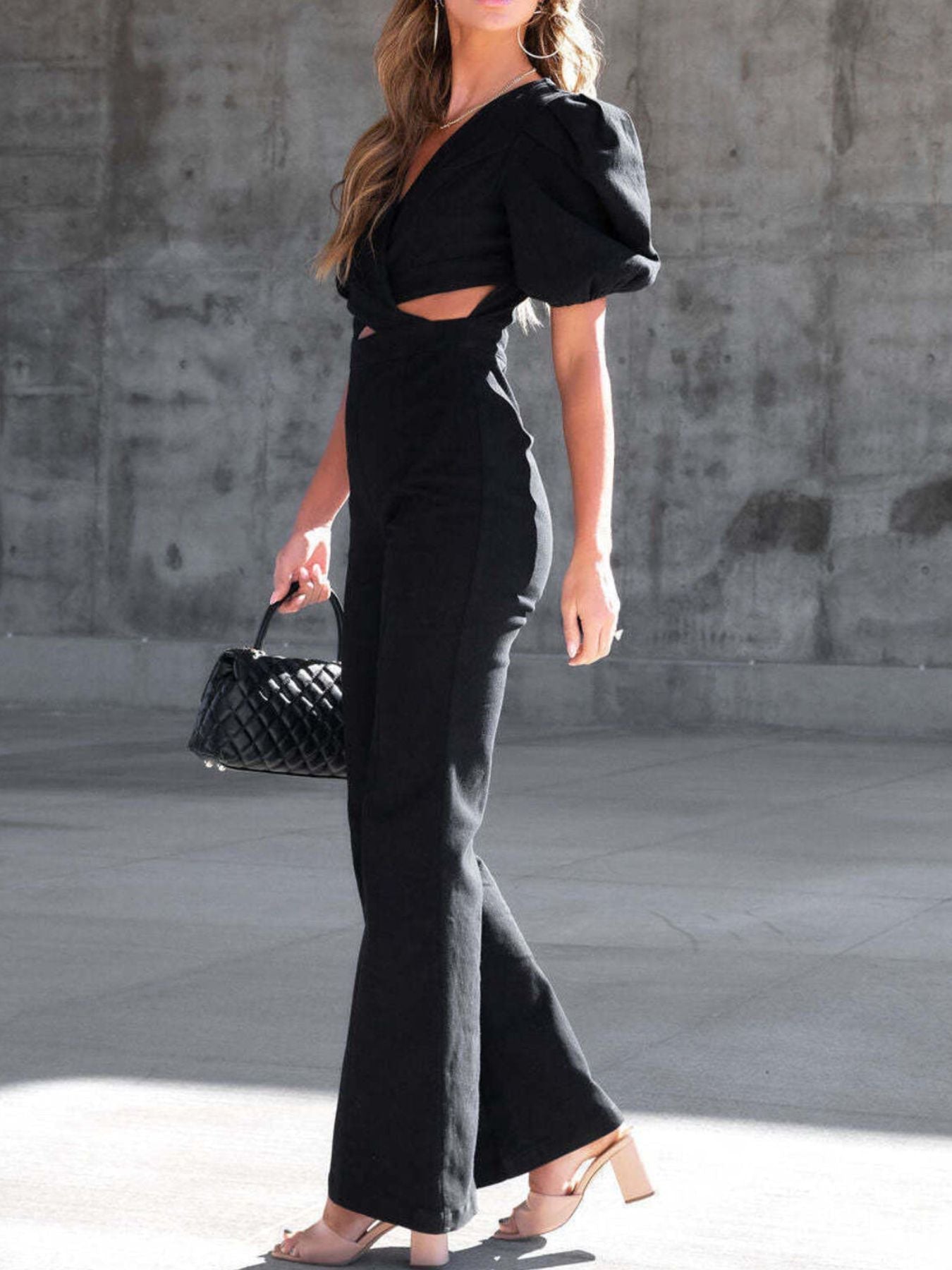 Cutout Puff Sleeve Denim Jumpsuit - Flip Flop Dynasty