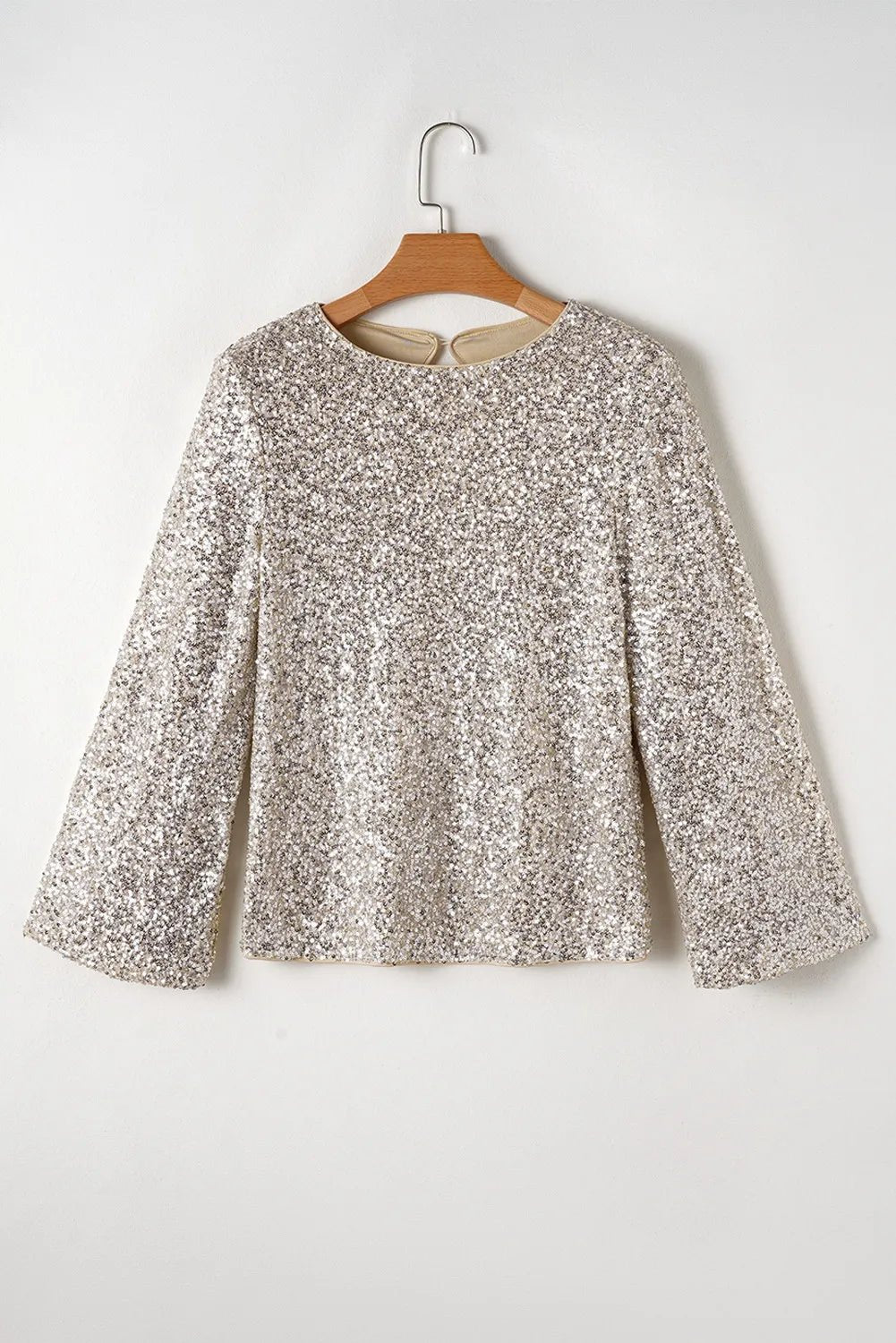 Cutout Sequin Round Neck Long Sleeve Blouse - Flip Flop Dynasty