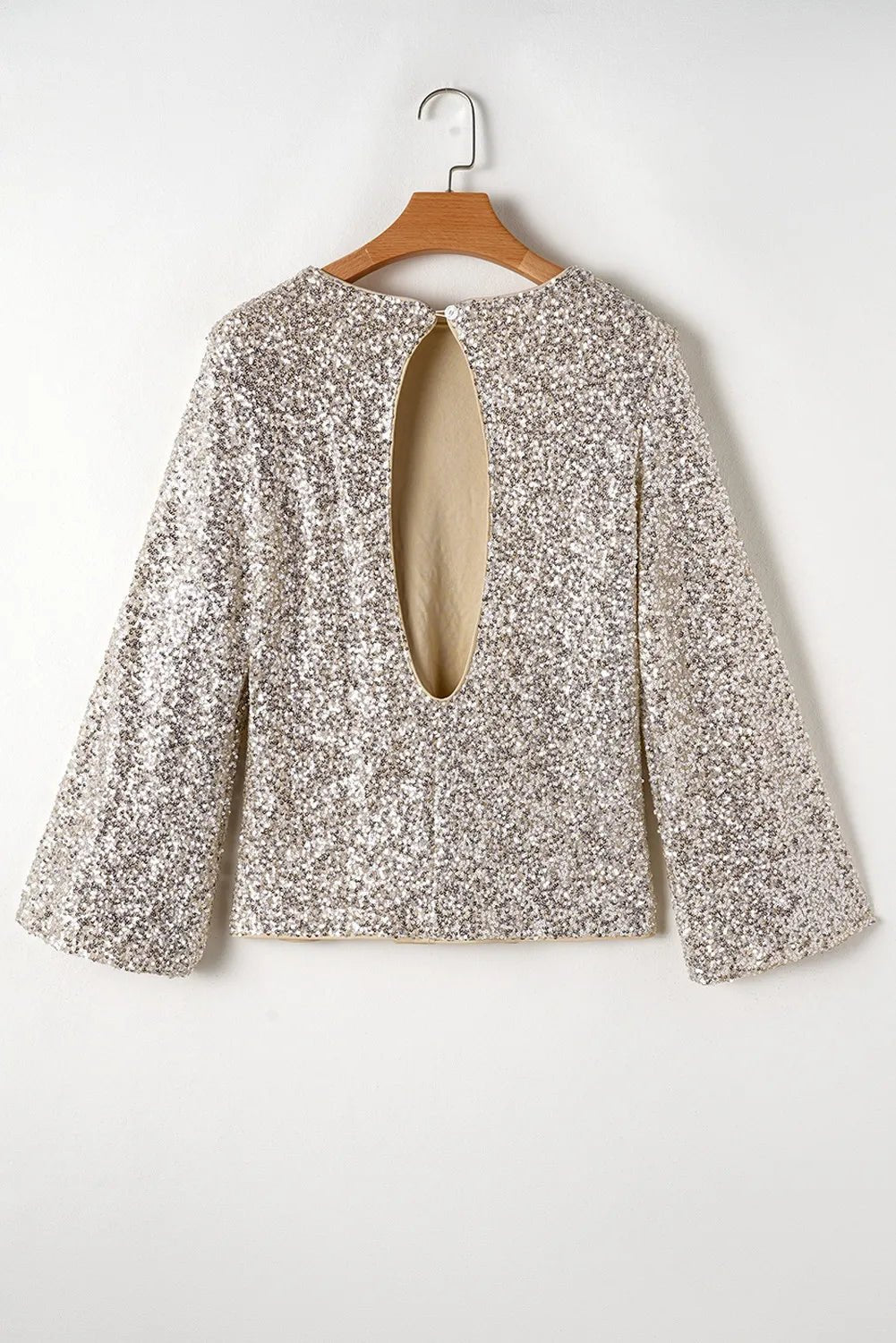 Cutout Sequin Round Neck Long Sleeve Blouse - Flip Flop Dynasty