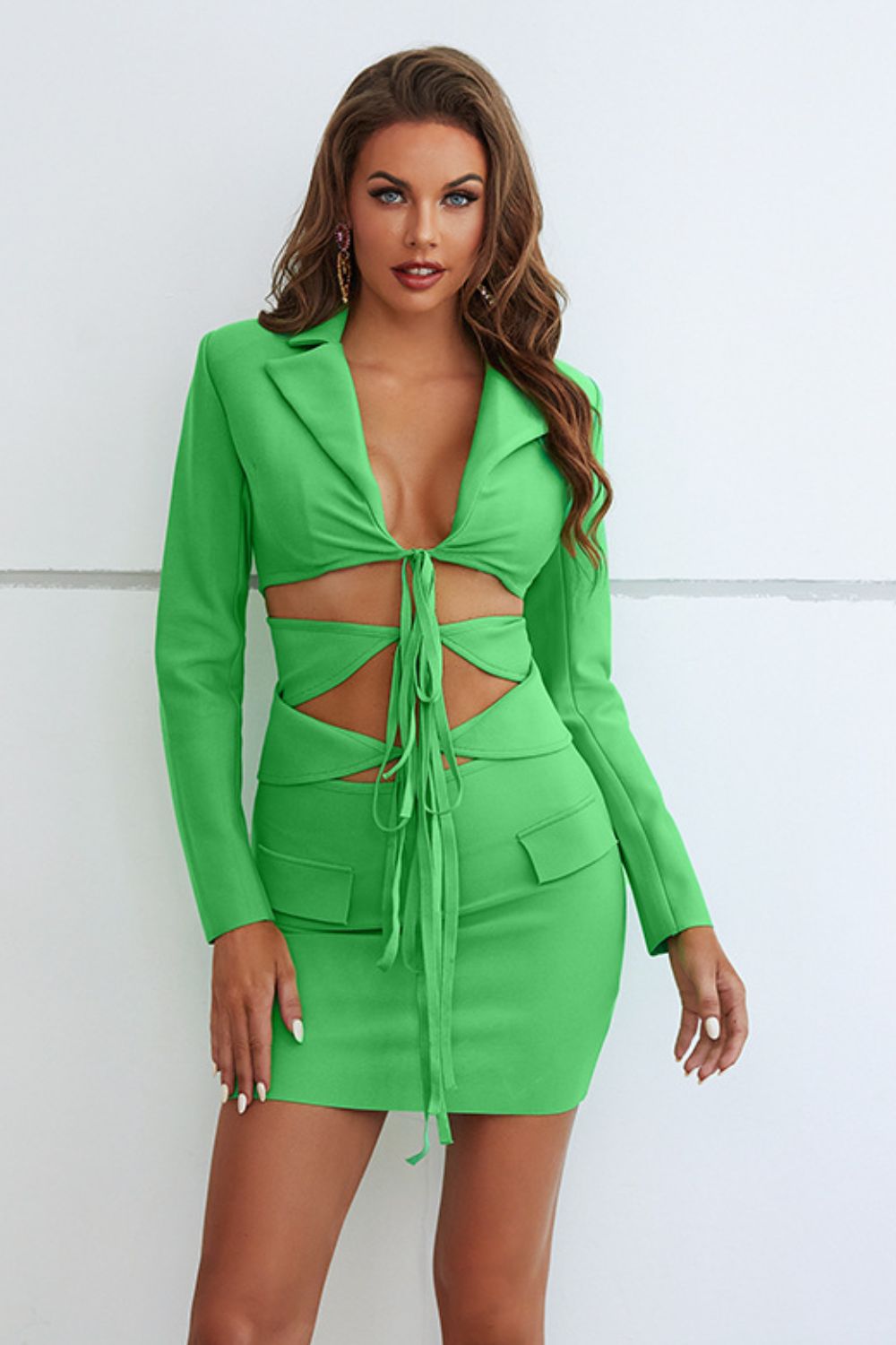 Cutout Tied Blazer and Skirt Set - Flip Flop Dynasty