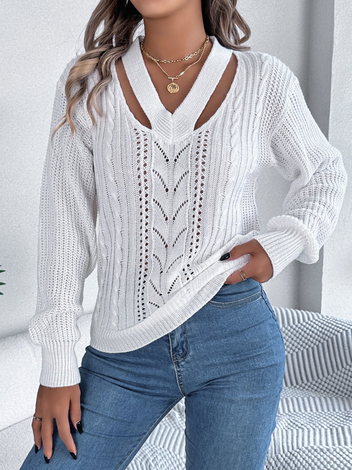 Cutout V - Neck Long Sleeve Sweater - Flip Flop Dynasty