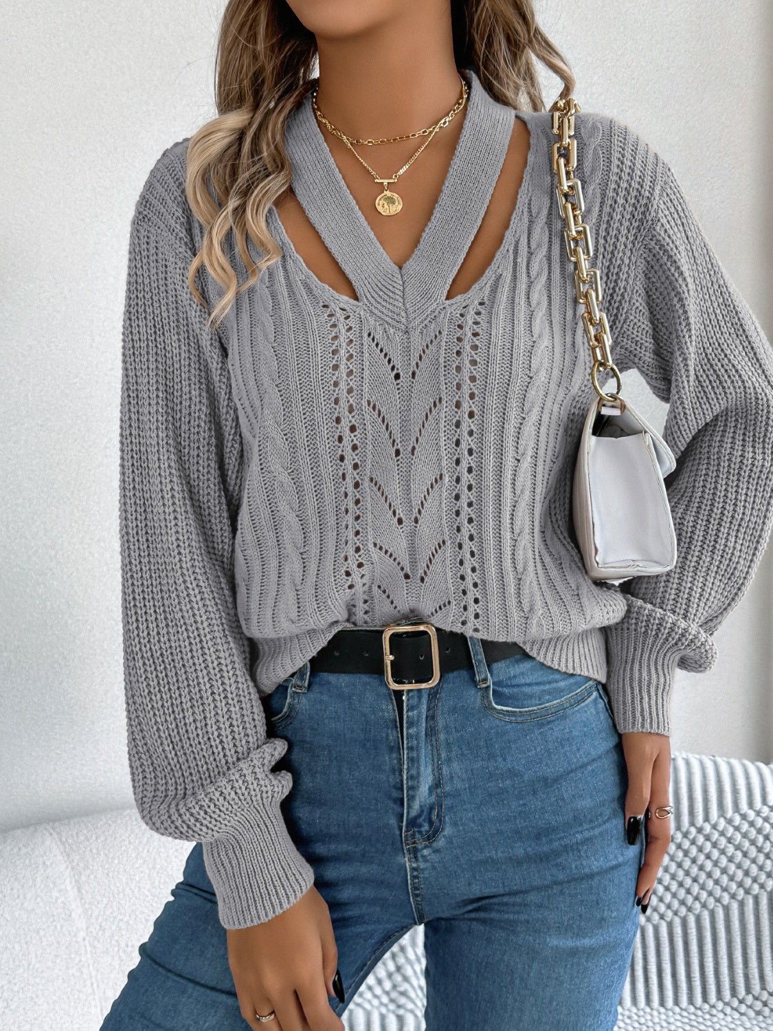 Cutout V - Neck Long Sleeve Sweater - Flip Flop Dynasty