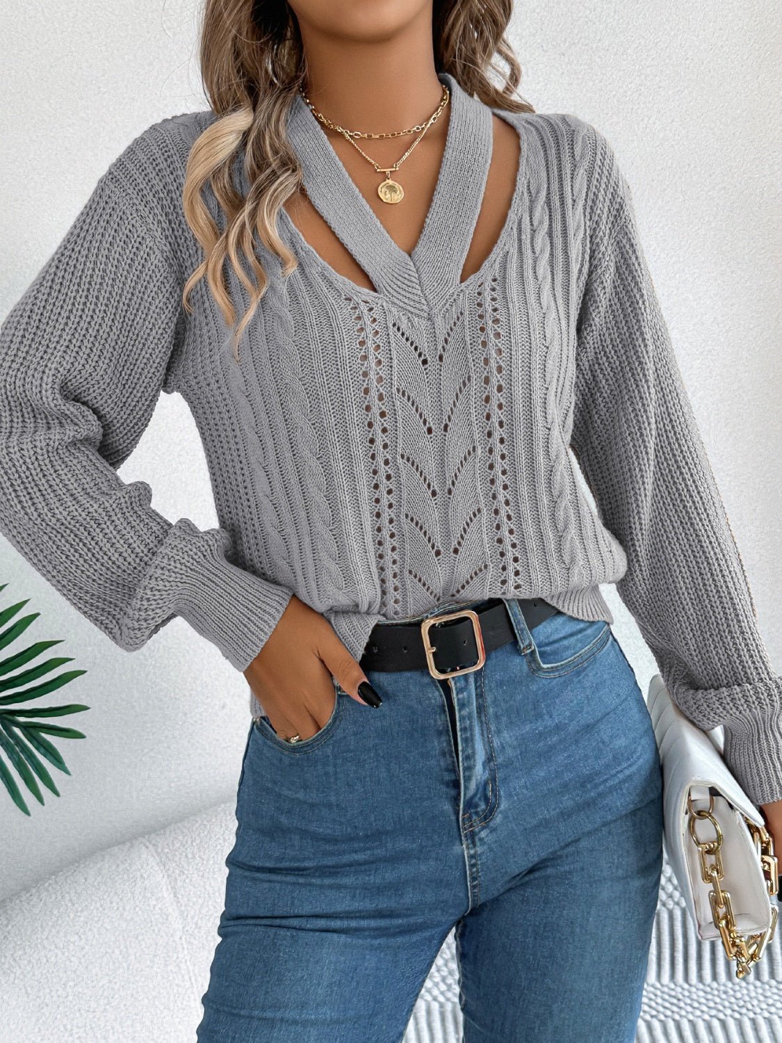 Cutout V - Neck Long Sleeve Sweater - Flip Flop Dynasty