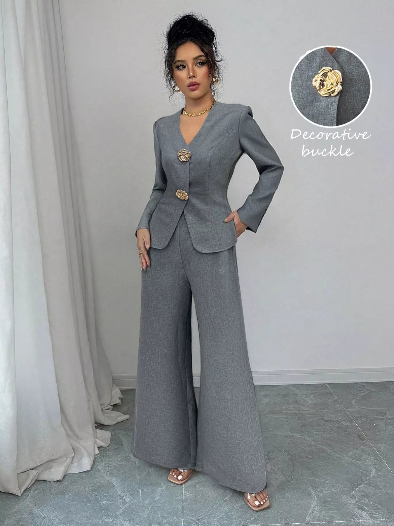 Decor Buckle Blazer & Wide Leg Pants Set - Flip Flop Dynasty