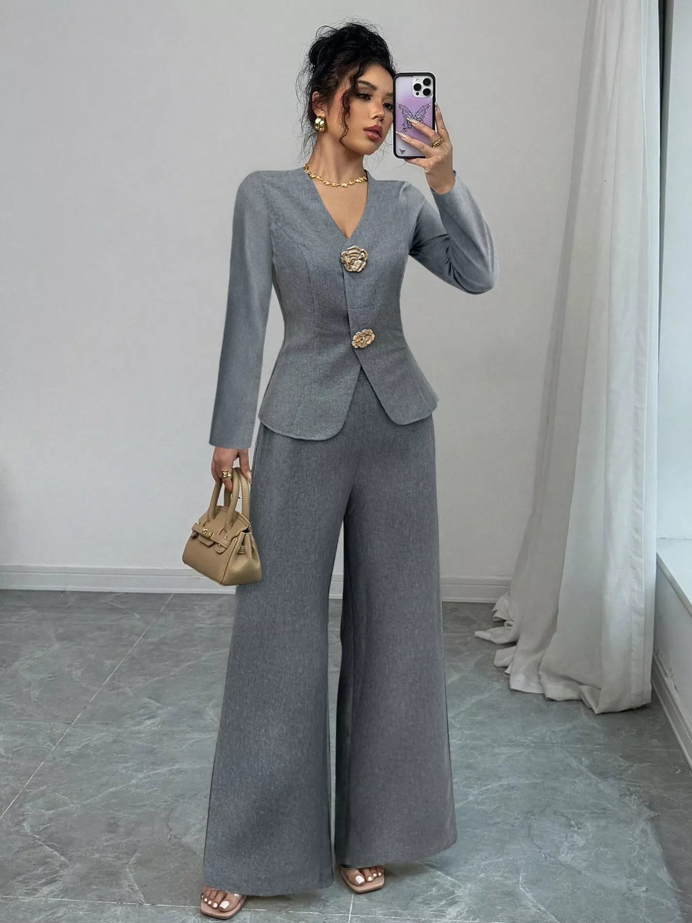 Decor Buckle Blazer & Wide Leg Pants Set - Flip Flop Dynasty
