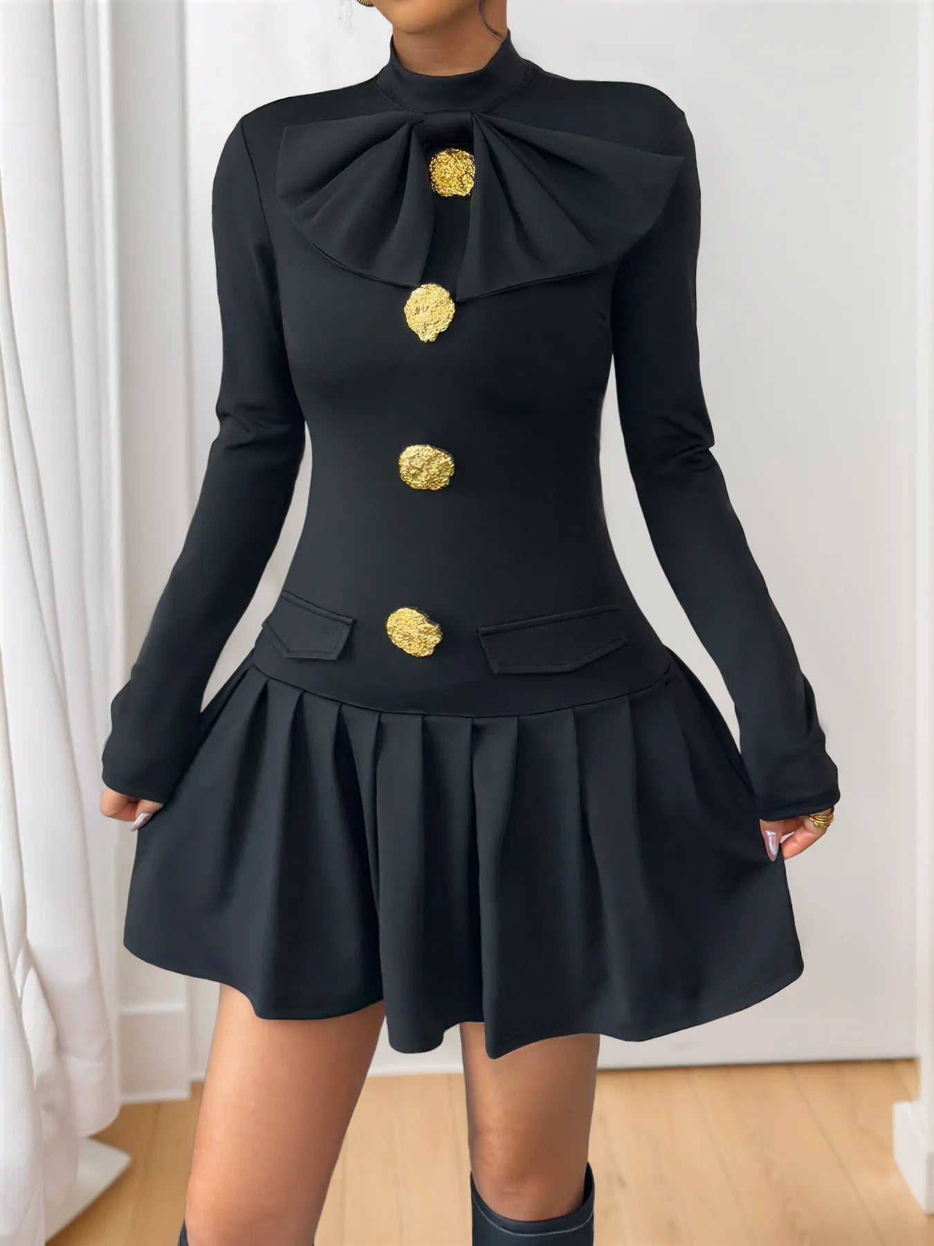 Decorative Button Mock Neck Long Sleeve Mini Dress - Flip Flop Dynasty