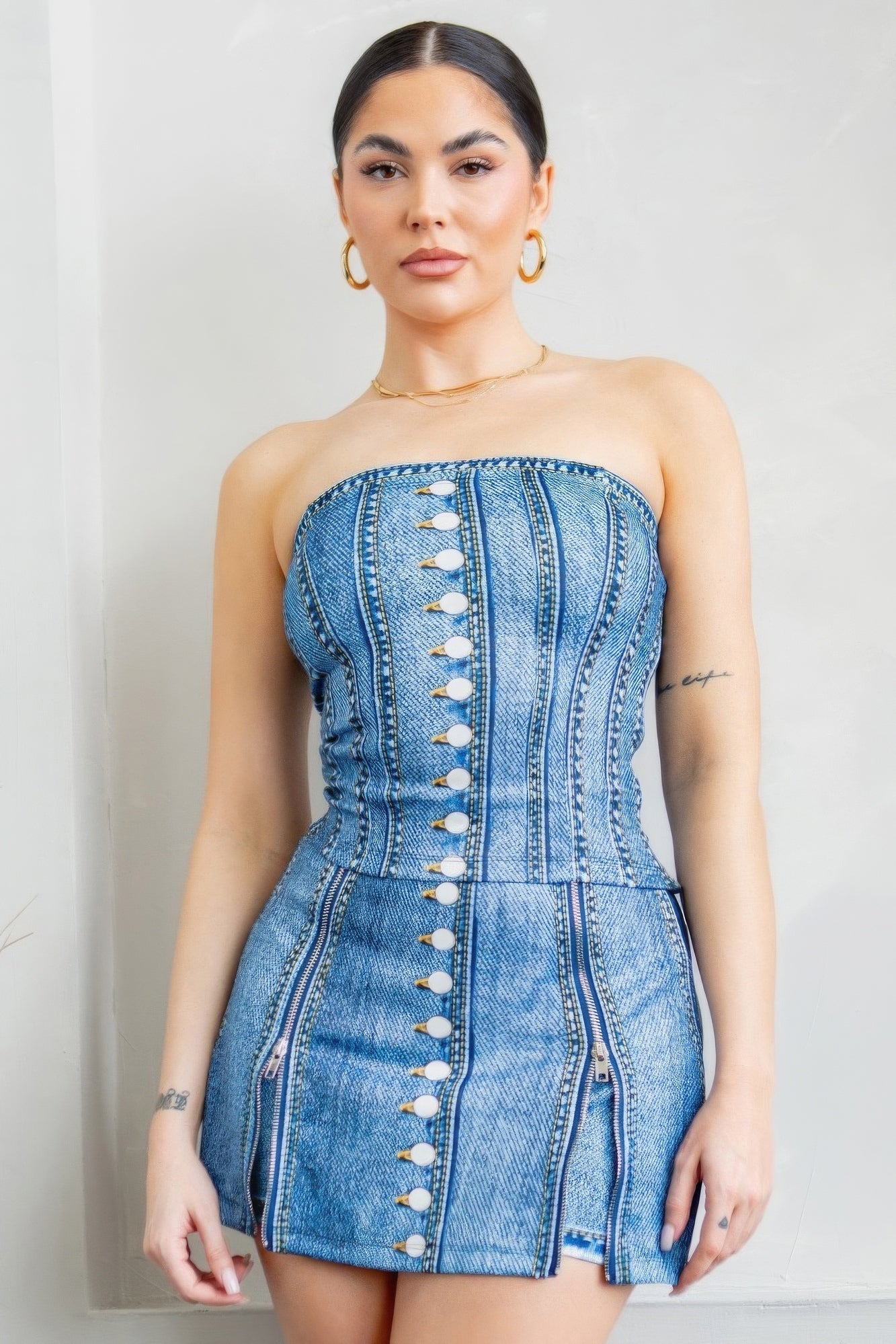 Denim Effect Corset Top & Bottom Set - Flip Flop Dynasty