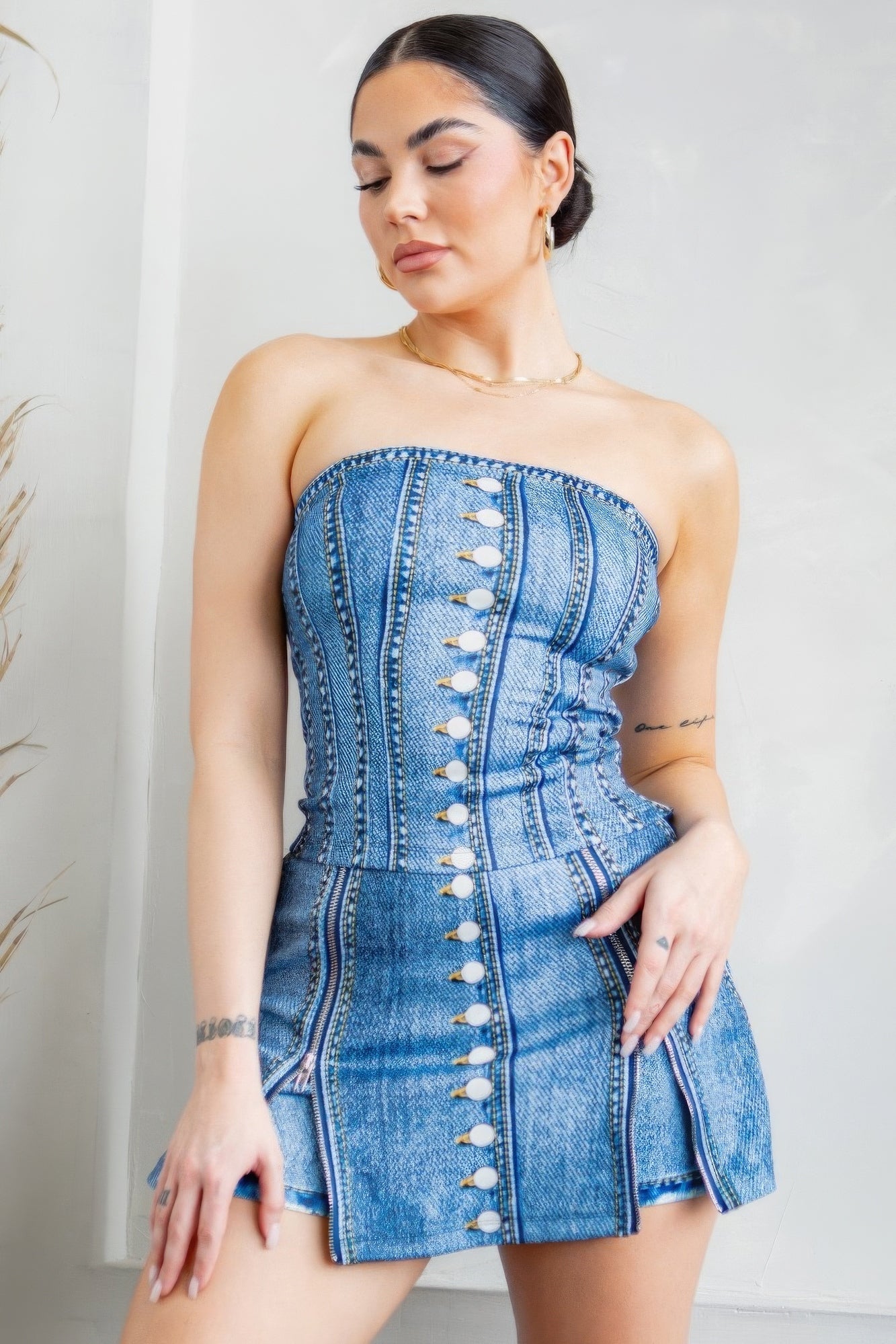 Denim Effect Corset Top & Bottom Set - Flip Flop Dynasty