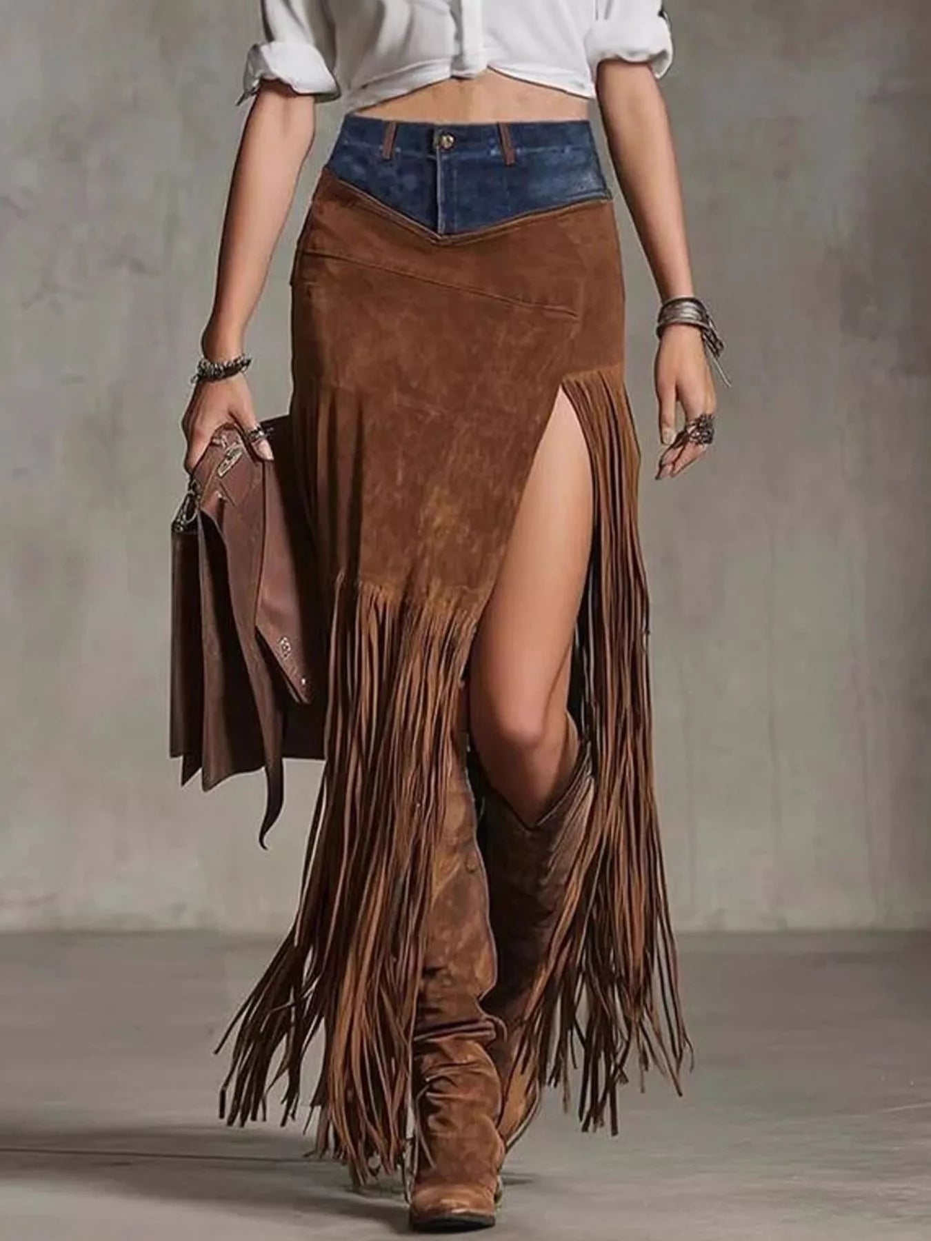 Denim Patchwork Fringe Maxi Skirt - Flip Flop Dynasty